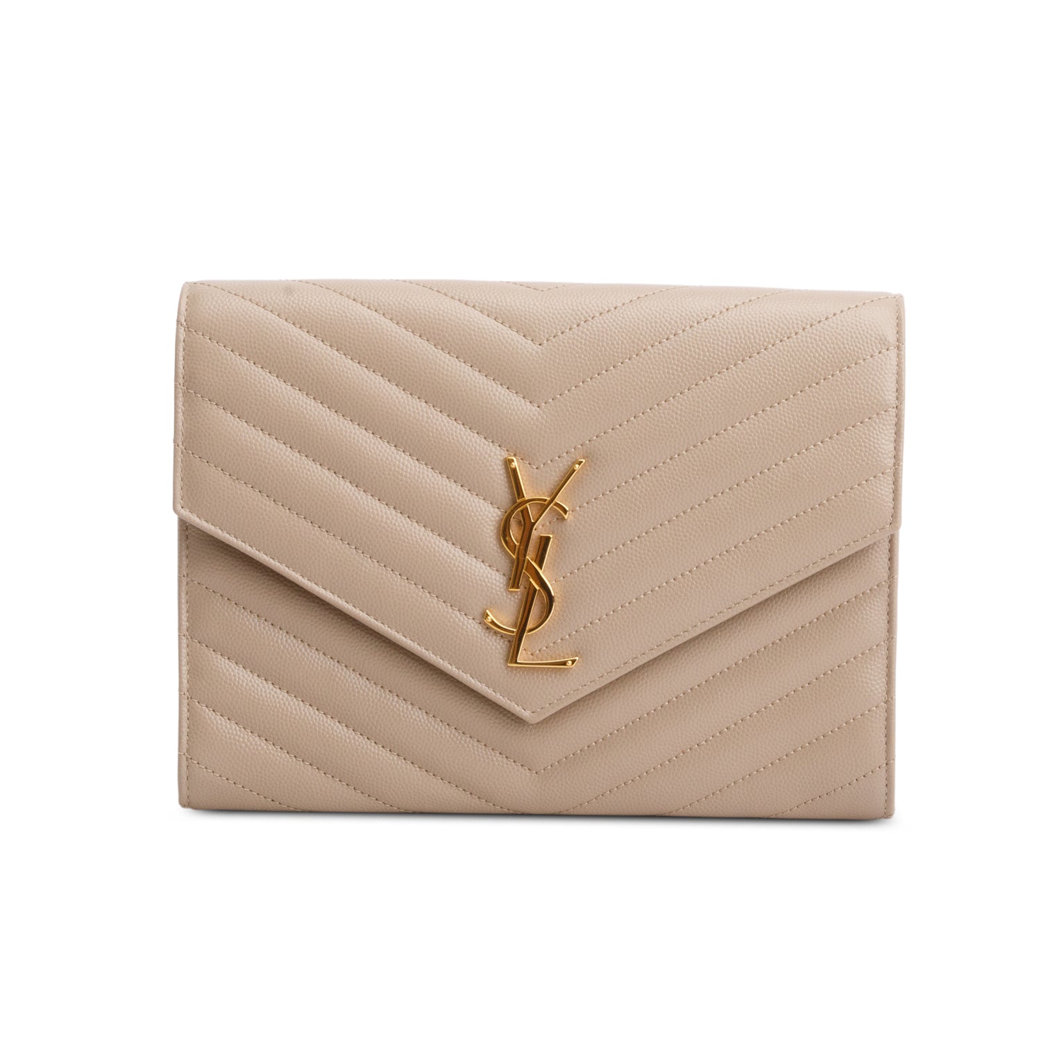 Saint Laurent 2021 Beige Grain de Poudre Matelasse Leather Cassandre Flap Wristlet Pouch w/ Box