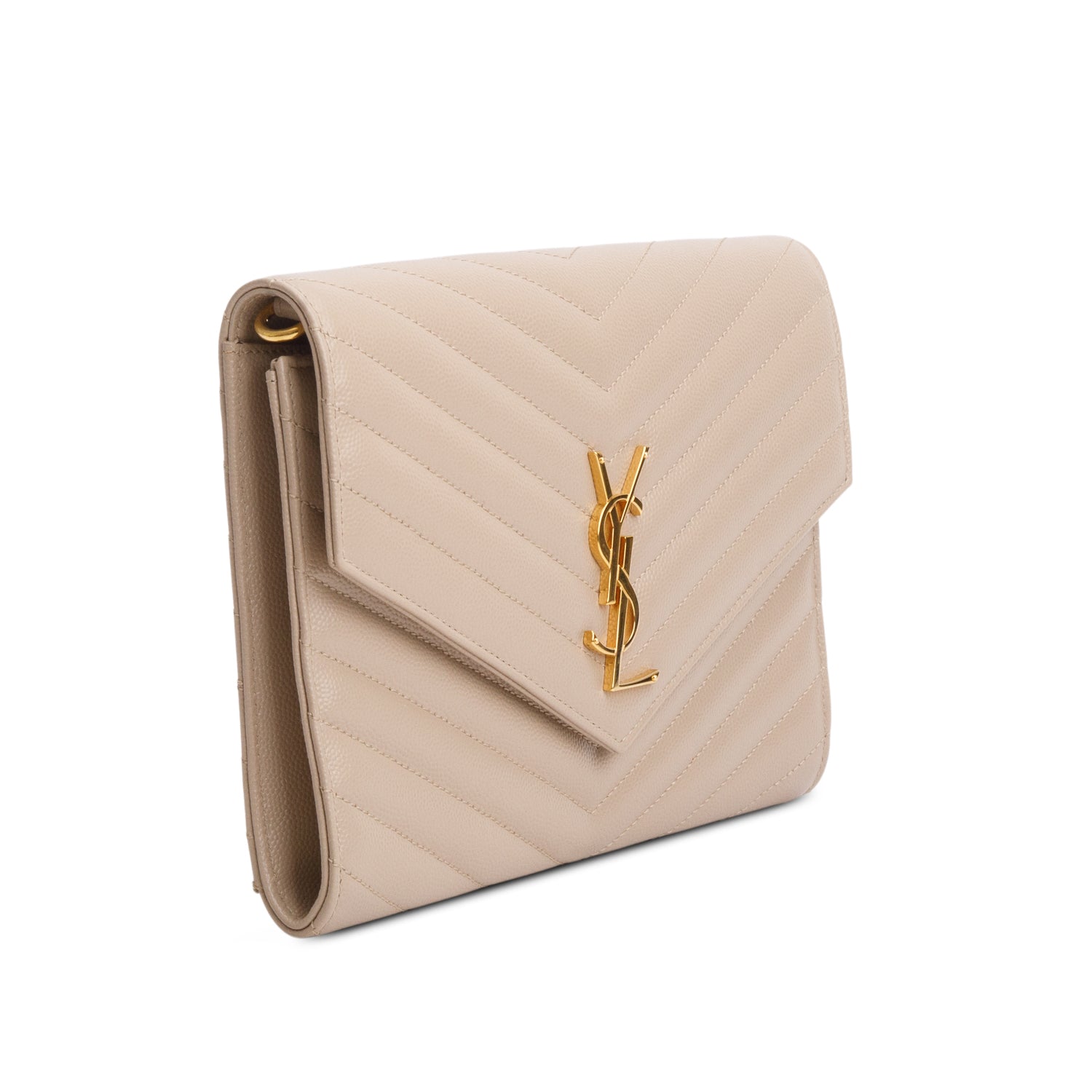Saint Laurent 2021 Beige Grain de Poudre Matelasse Leather Cassandre Flap Wristlet Pouch w/ Box