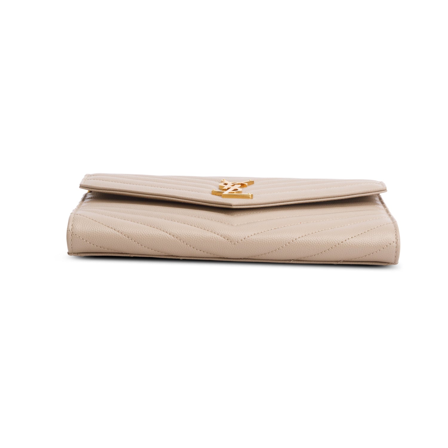 Saint Laurent 2021 Beige Grain de Poudre Matelasse Leather Cassandre Flap Wristlet Pouch w/ Box