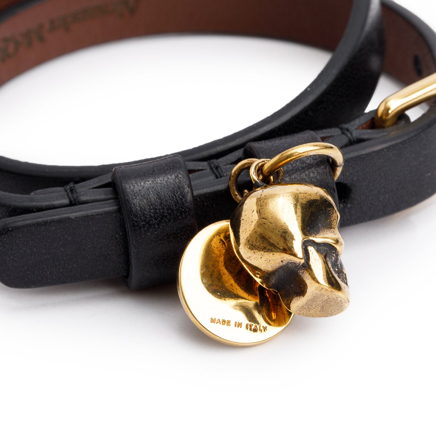 Alexander Mcqueen Gold Plated Black Leather Skull Double Wrap Bracelet w/ Box