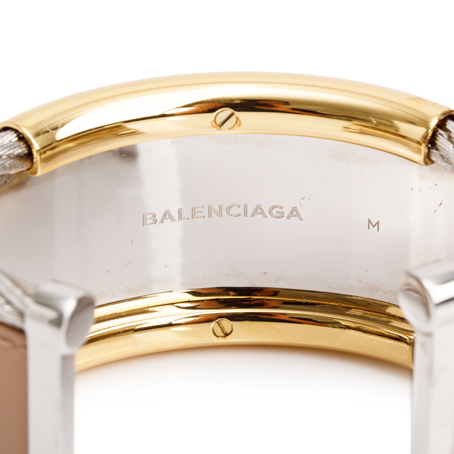 Balenciaga Two Tone Metal Nude Leather Cable Wide Cuff Bracelet w/ Box