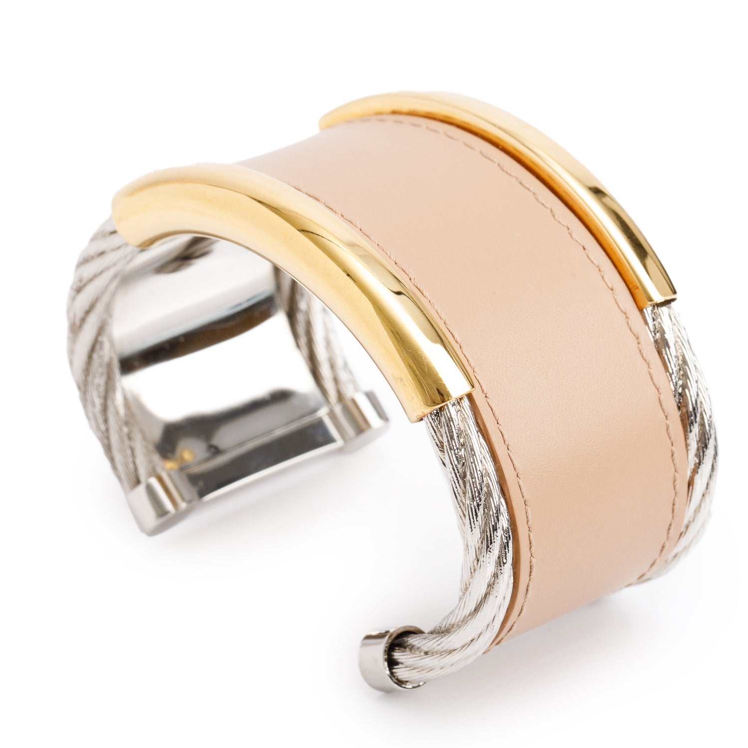 Balenciaga Two Tone Metal Nude Leather Cable Wide Cuff Bracelet w/ Box
