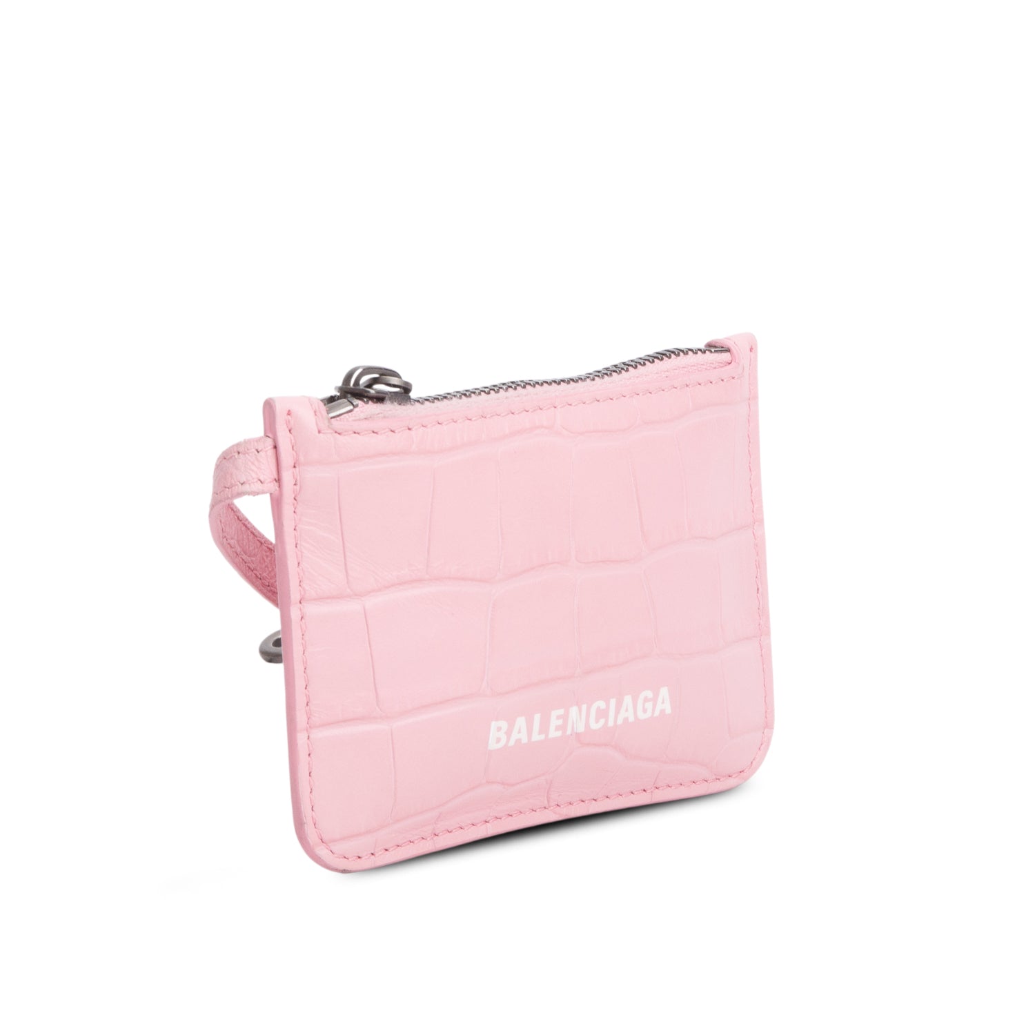 Balenciaga Pink Calfskin Logo Croc Embossed Cash Long Coin Card Holder