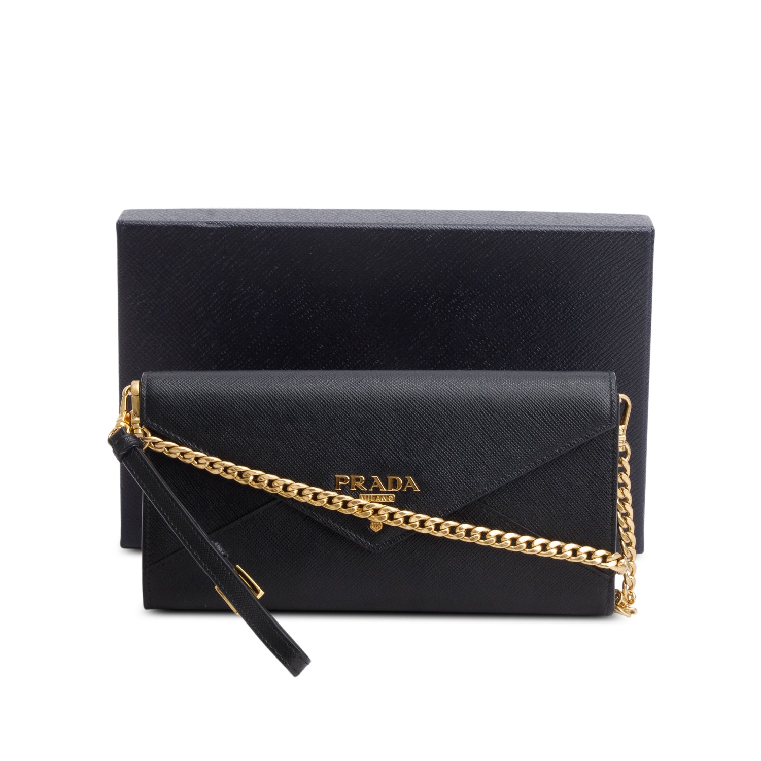 Prada 2021 Black Saffiano Cuir Calfskin Envelope Wallet on Chain w/ Box, Authenticity Card & Straps