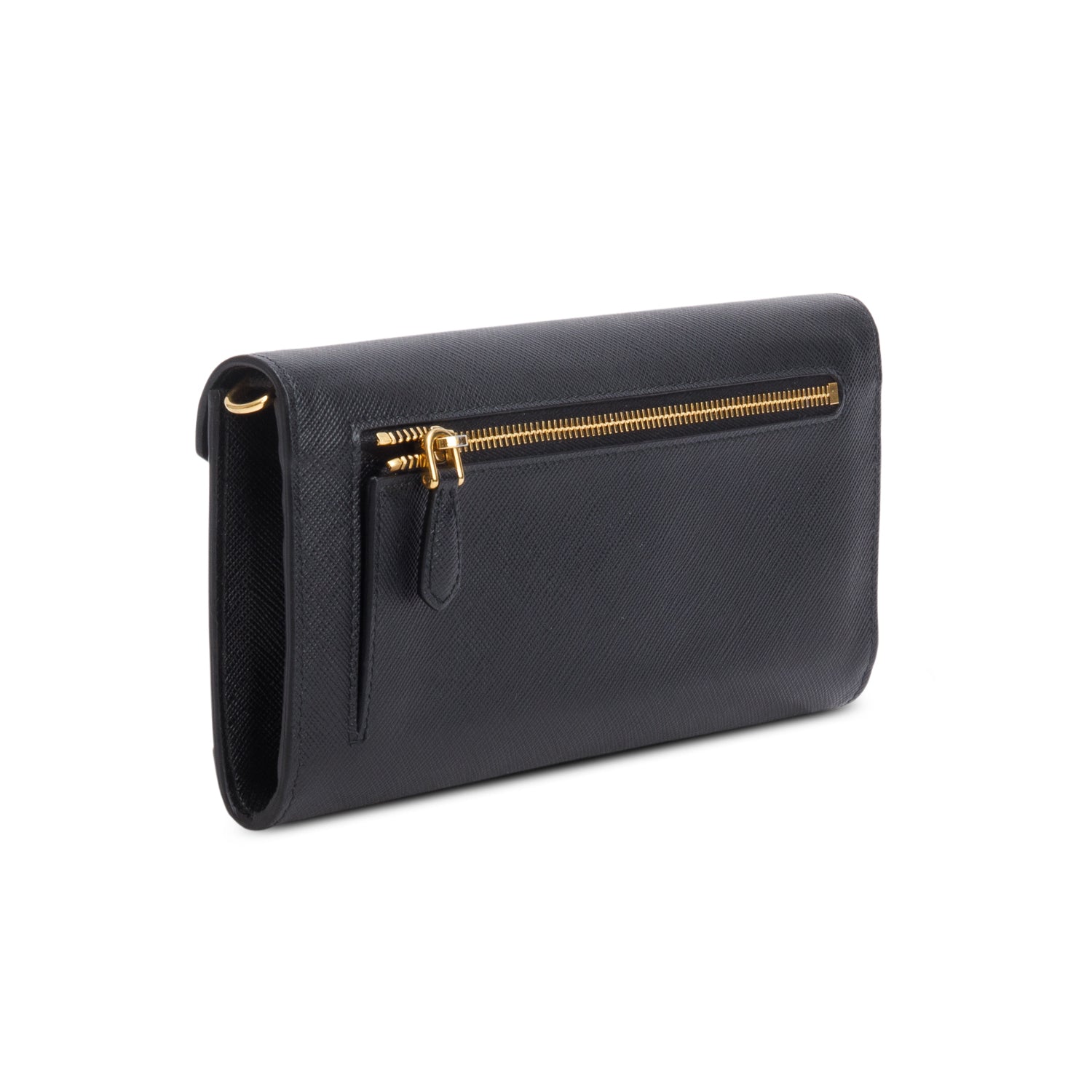 Prada 2021 Black Saffiano Cuir Calfskin Envelope Wallet on Chain w/ Box, Authenticity Card & Straps