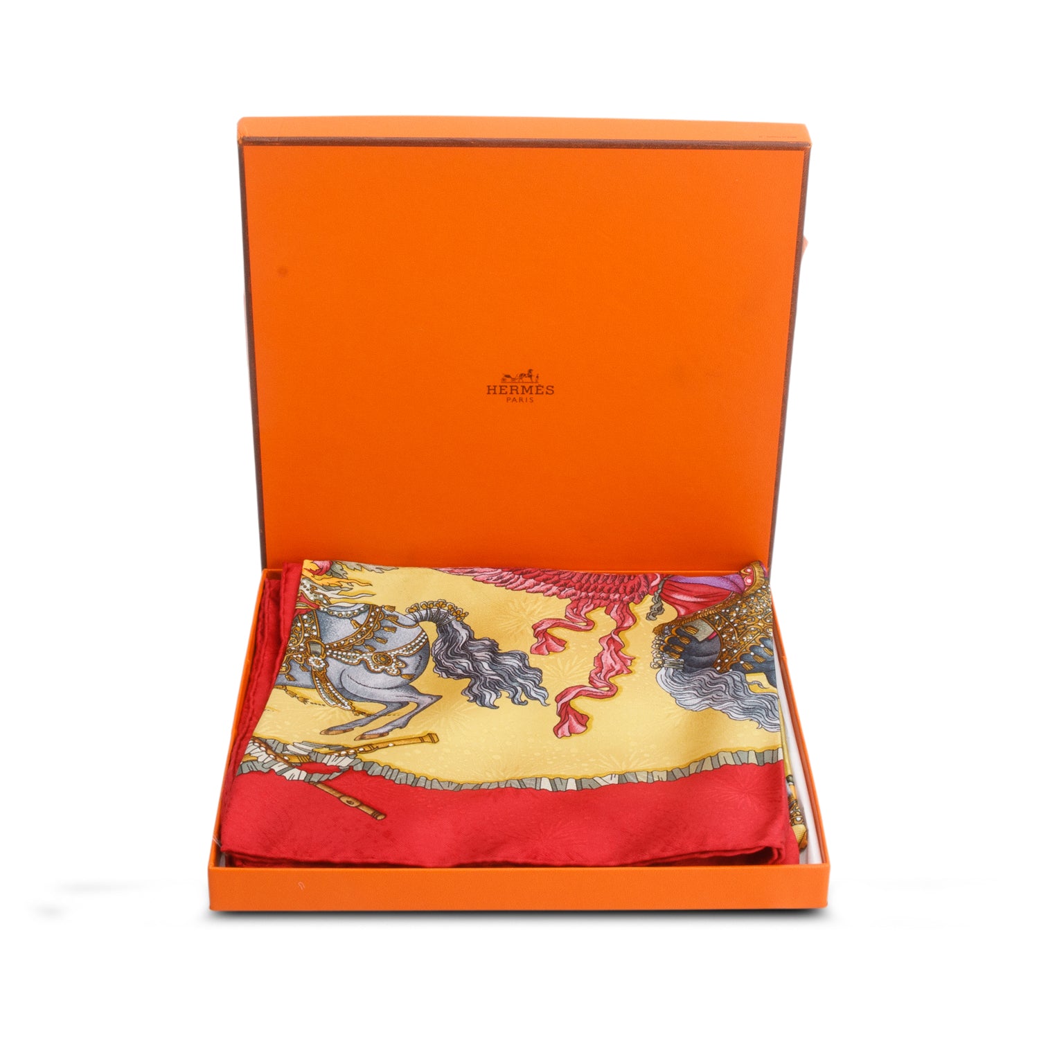 Hermes Red & Multicolor 'Les Fetes du Roi Soleil' Silk Scarf 90 w/ Box