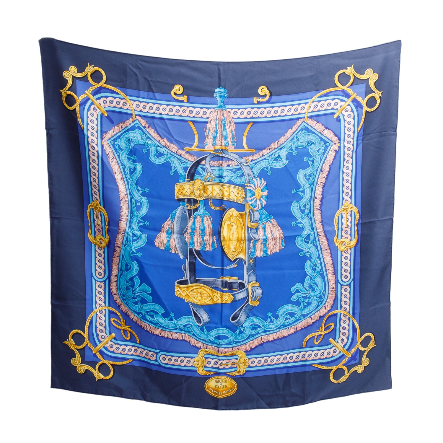 Hermes Blue & Multicolor 'Bride de Cour' Silk Scarf 90 w/ Box