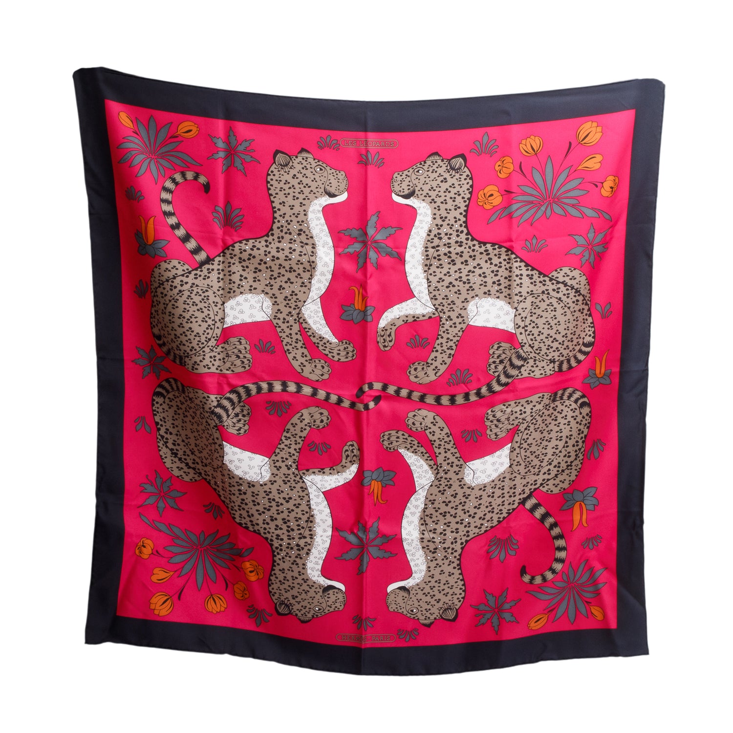 Hermes Fuschia & Multicolor 'Les Leopards' Silk Scarf 90 w/ Box