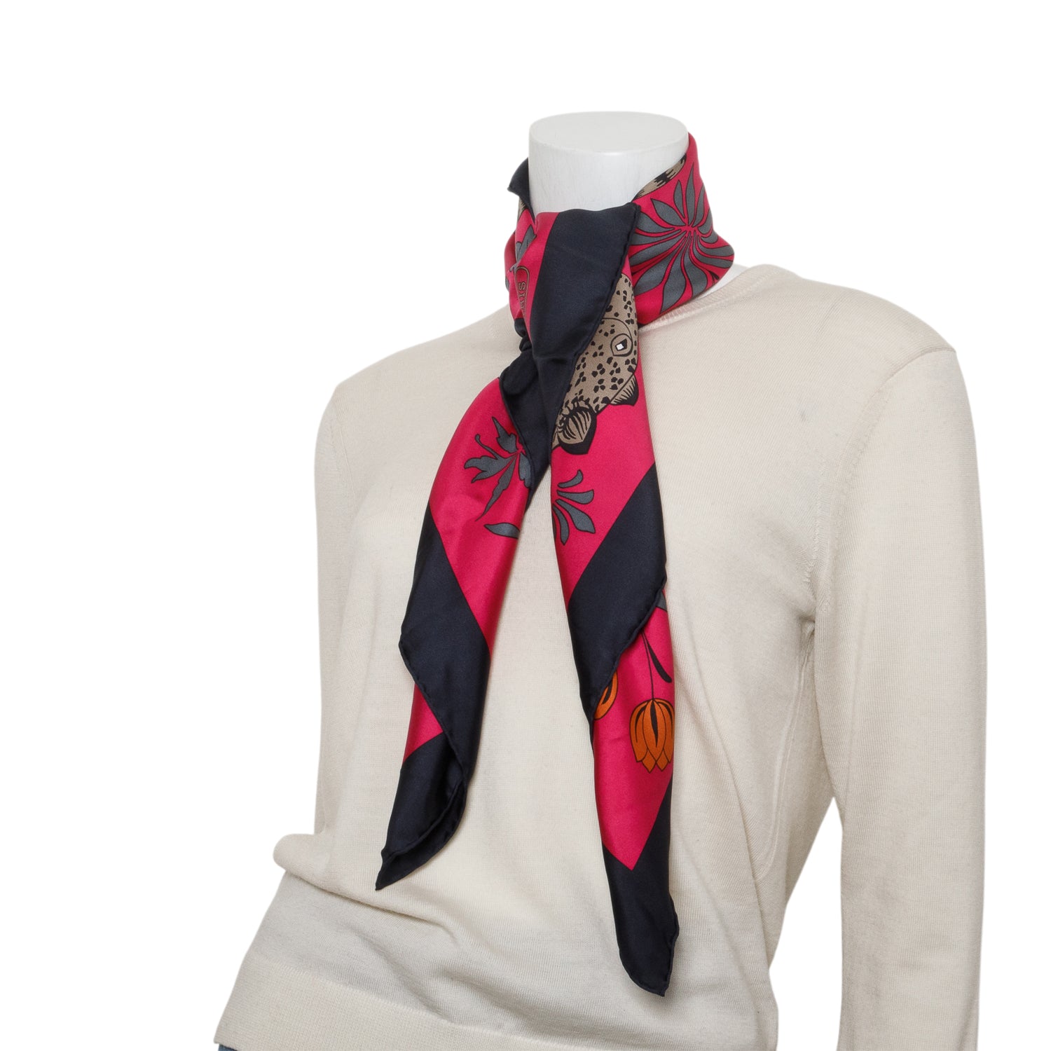 Hermes Fuschia & Multicolor 'Les Leopards' Silk Scarf 90 w/ Box