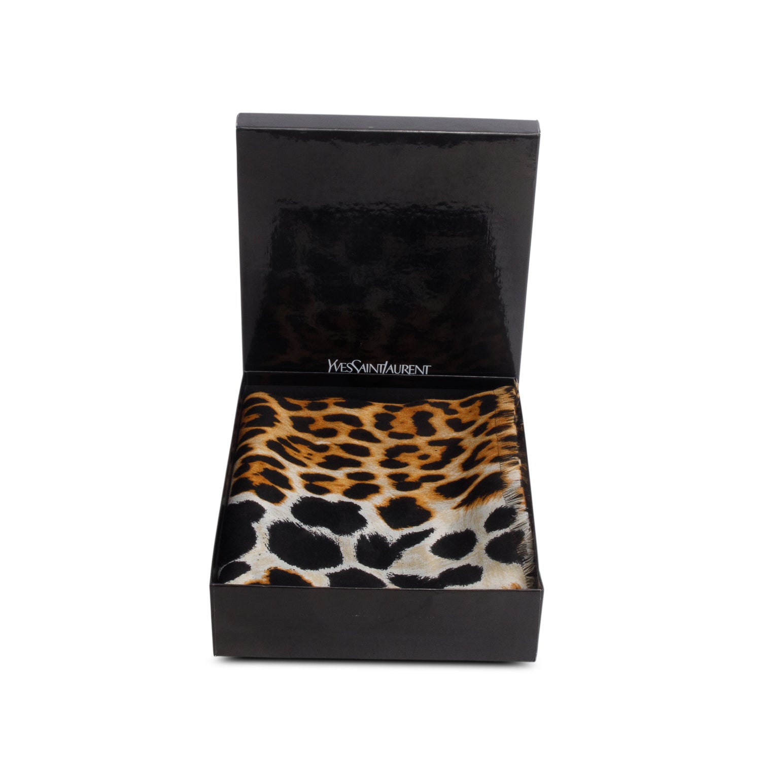 Saint Laurent Leopard Print Wool Cashmere Fringe Shawl w/ Box