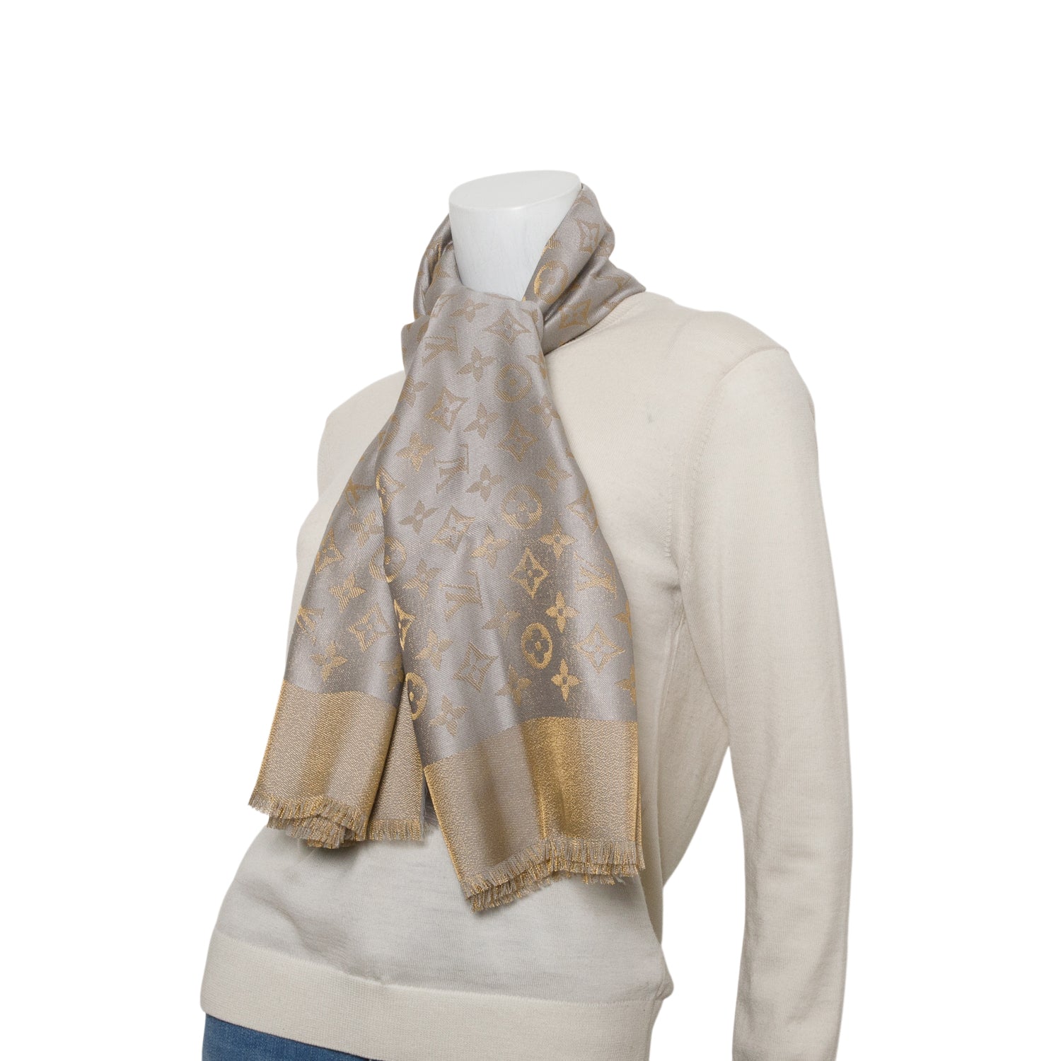 Louis Vuitton Grey Gold Monogram Silk Wool Shine Shawl w/ Box