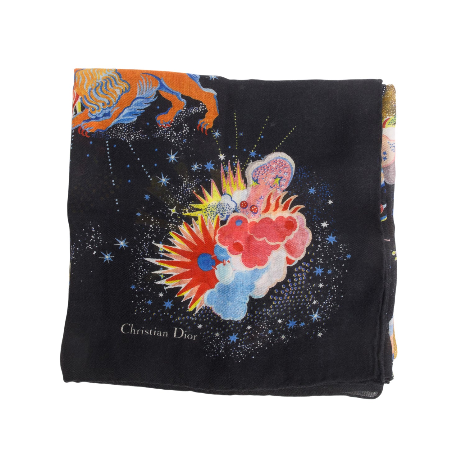 Christian Dior Black & Multicolor Mitza Zodiac Fantastico Cashmere Silk Shawl 140