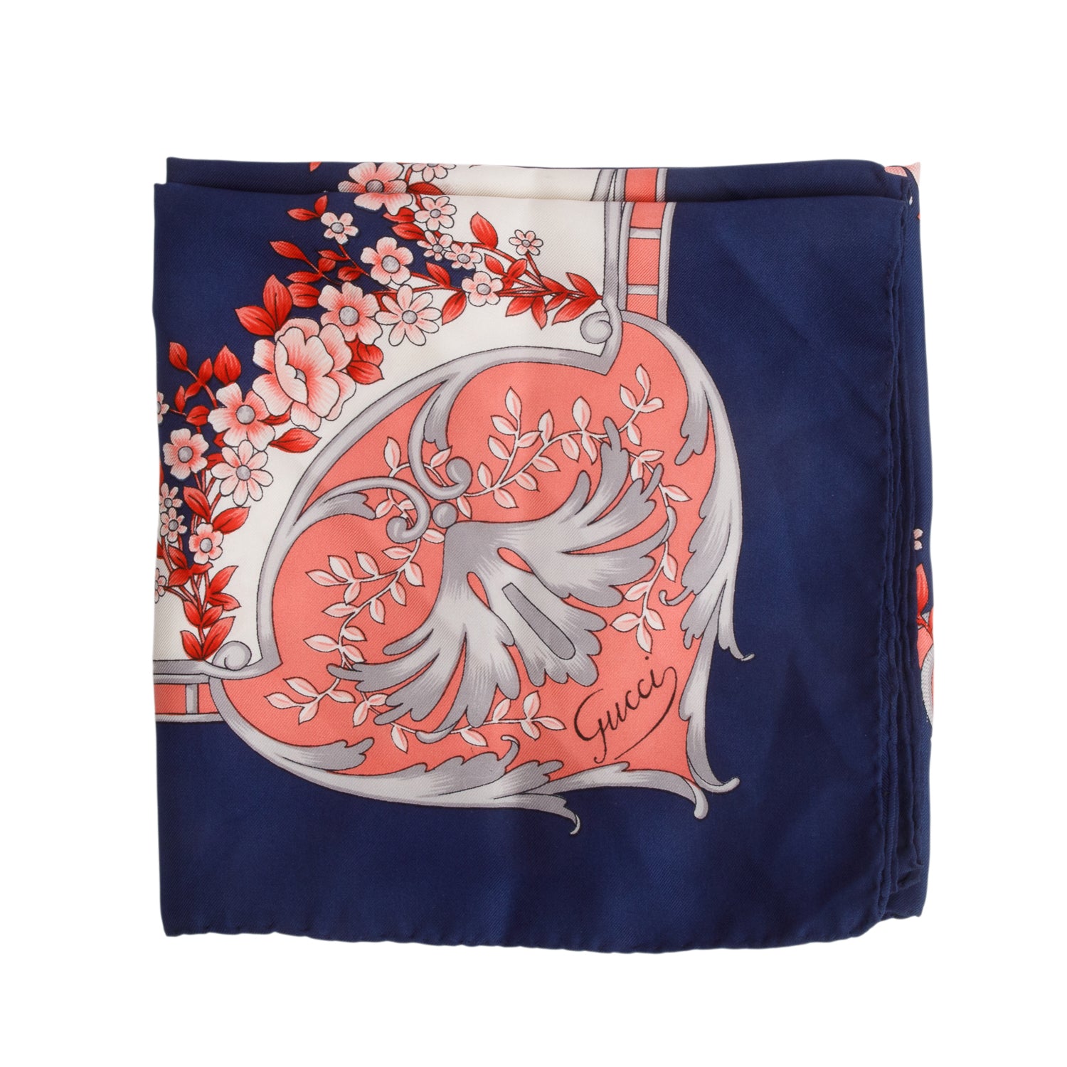 Gucci Navy & Multicolor Flora Print Silk Scarf 90