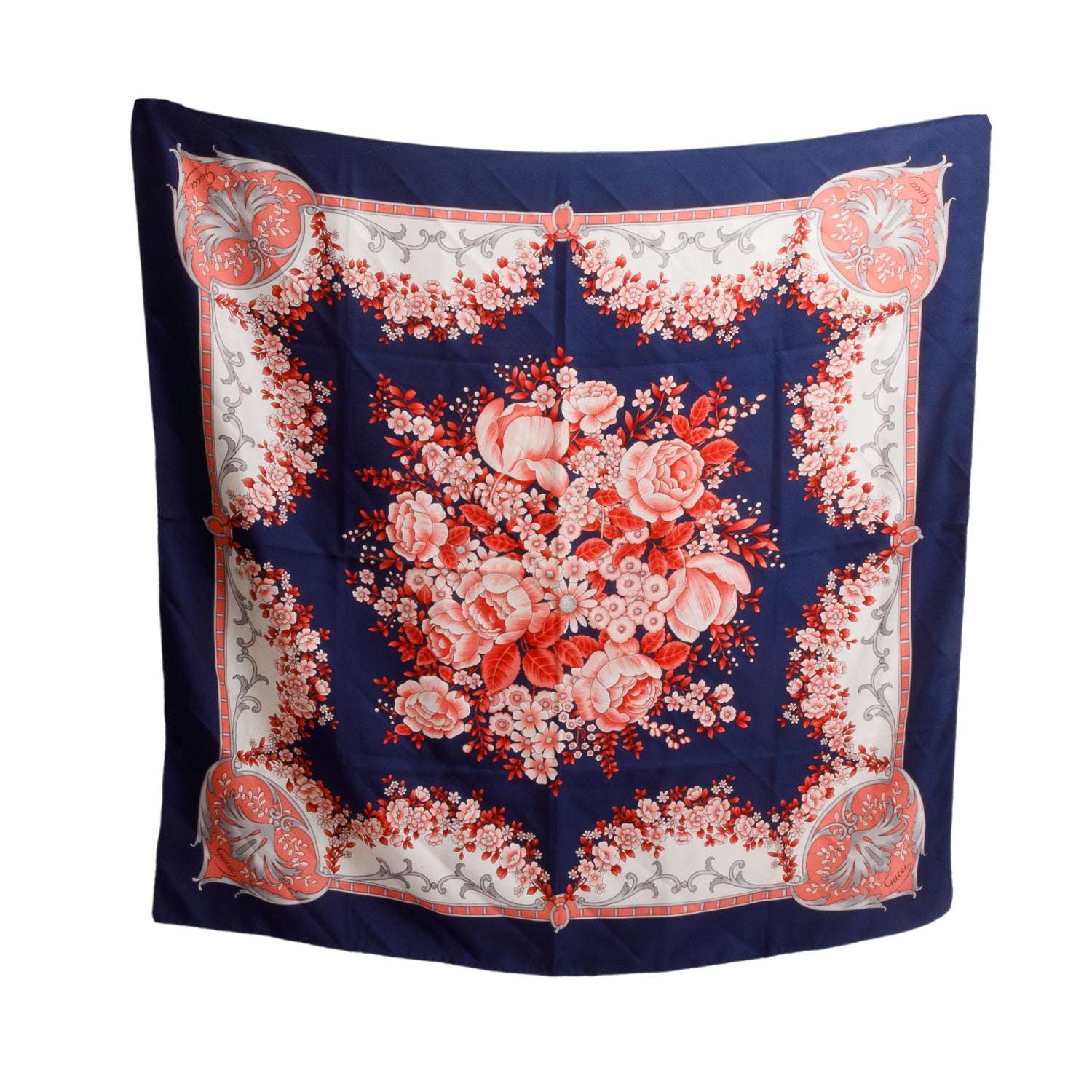 Gucci Navy & Multicolor Flora Print Silk Scarf 90