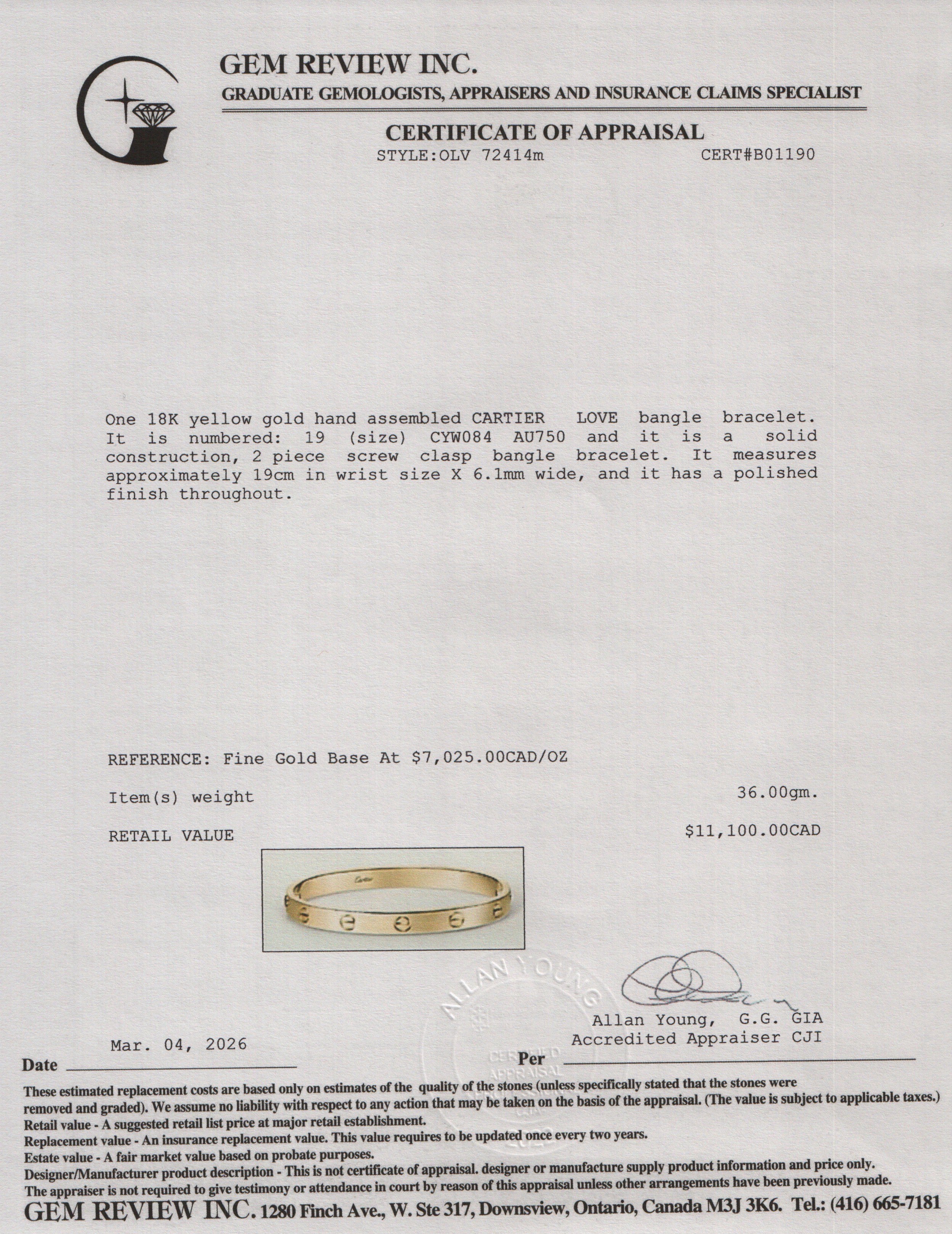 Cartier 18k Yellow Gold Love Bracelet, Classic Model, Size 19 w/ Pouch & Certificate