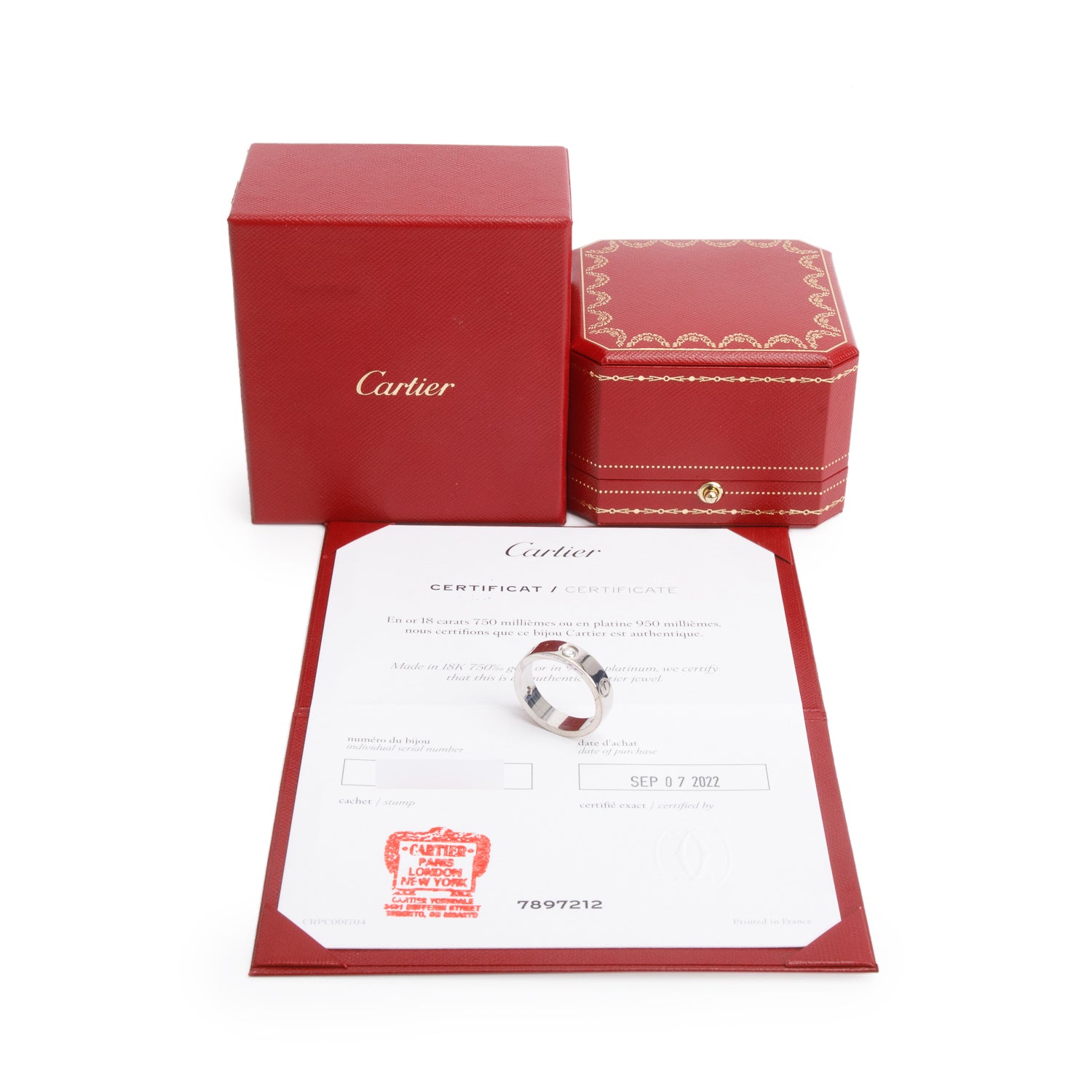 Cartier 2022 18k White Gold 3 Diamond 5.5 MM Love Ring, Size 60 9.25 w/ Box & Certificate