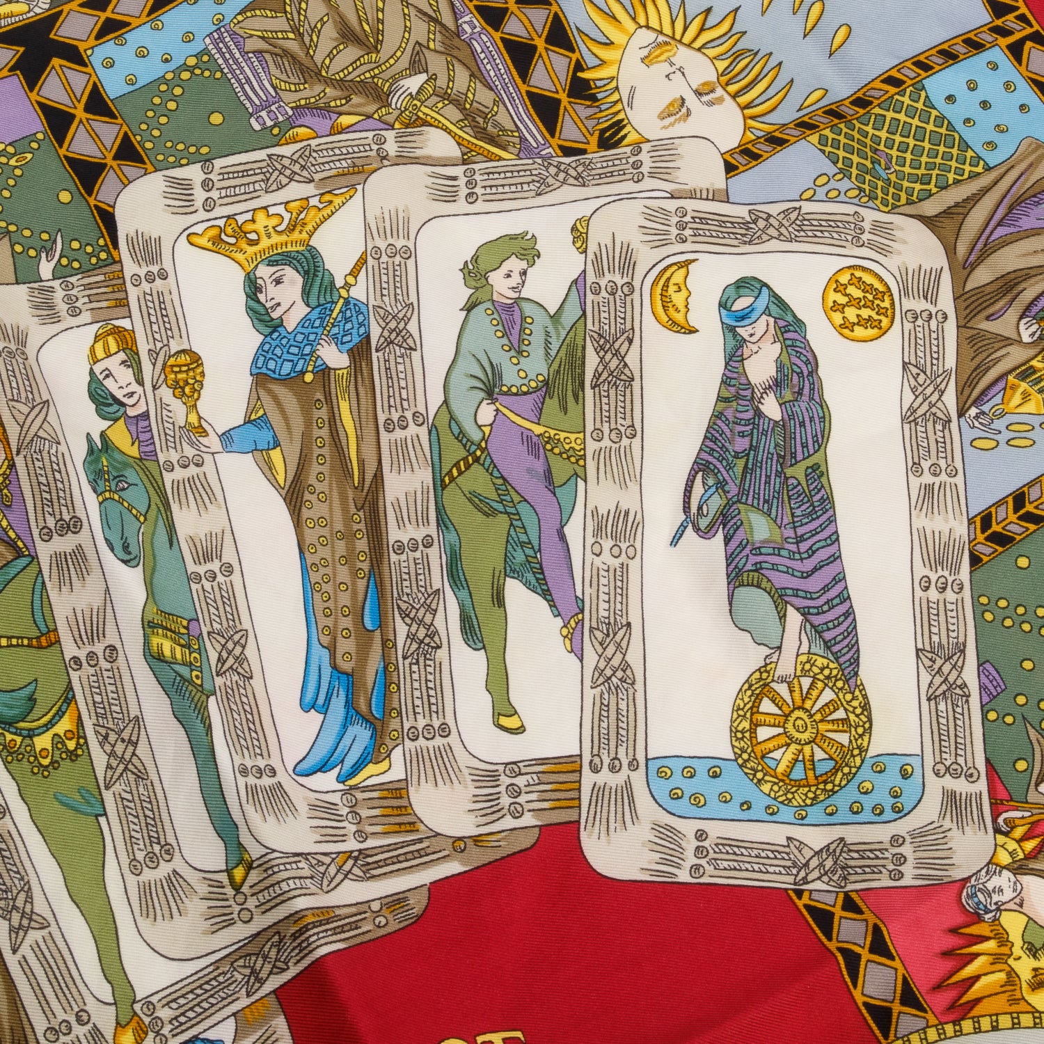Hermes Red & Multicolor 'Le Tarot' Silk Scarf 90