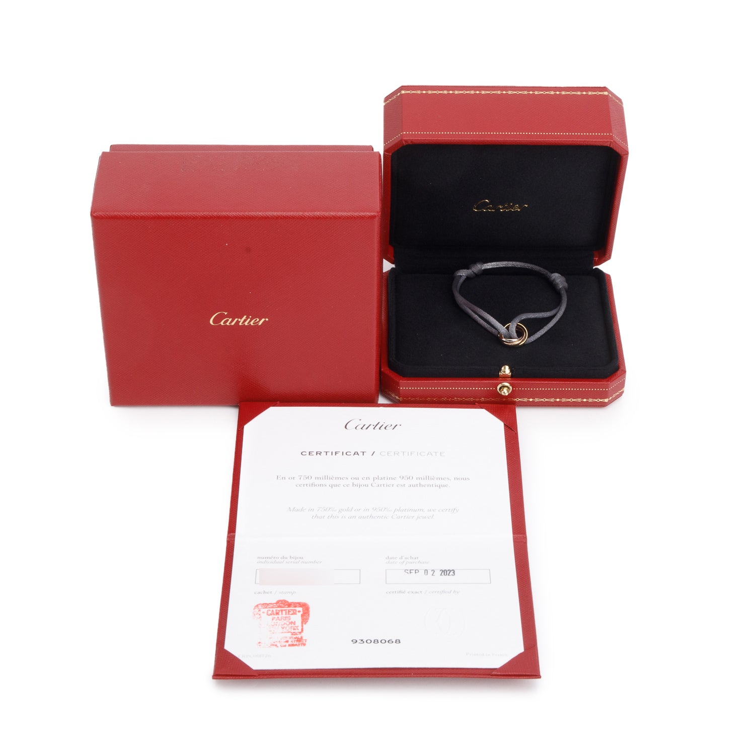 Cartier 2023 18k White, Yellow & Rose Gold Trinity Grey Cord Bracelet w/ Box & Certificate
