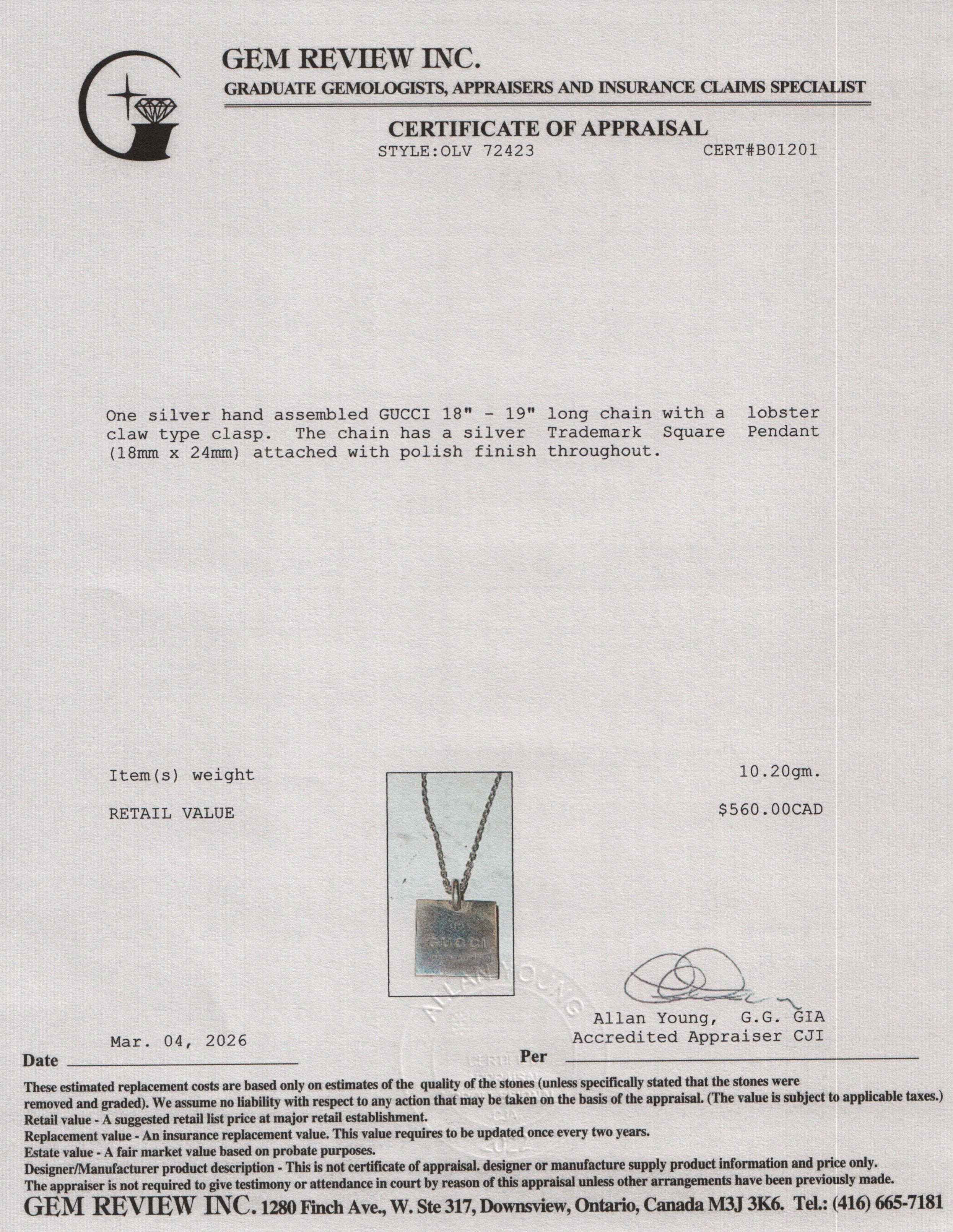 Gucci Sterling Silver Trademark Square Pendant Necklace