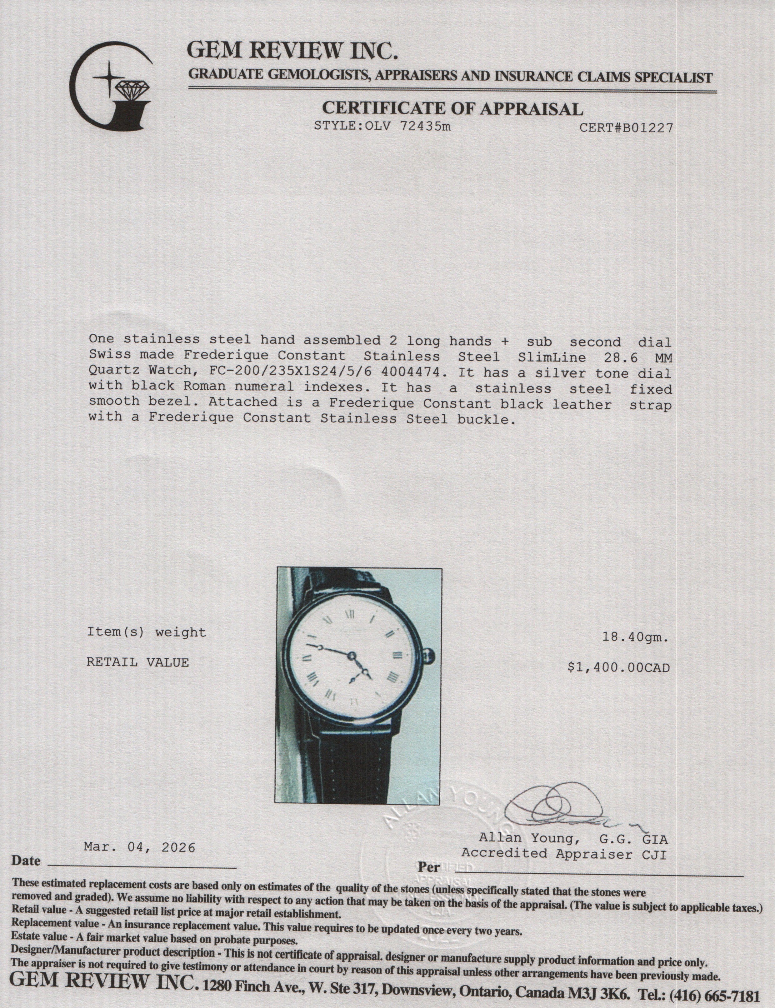 Frederique Constant Stainless Steel SlimLine 28.6 MM Quartz Watch w/ Box