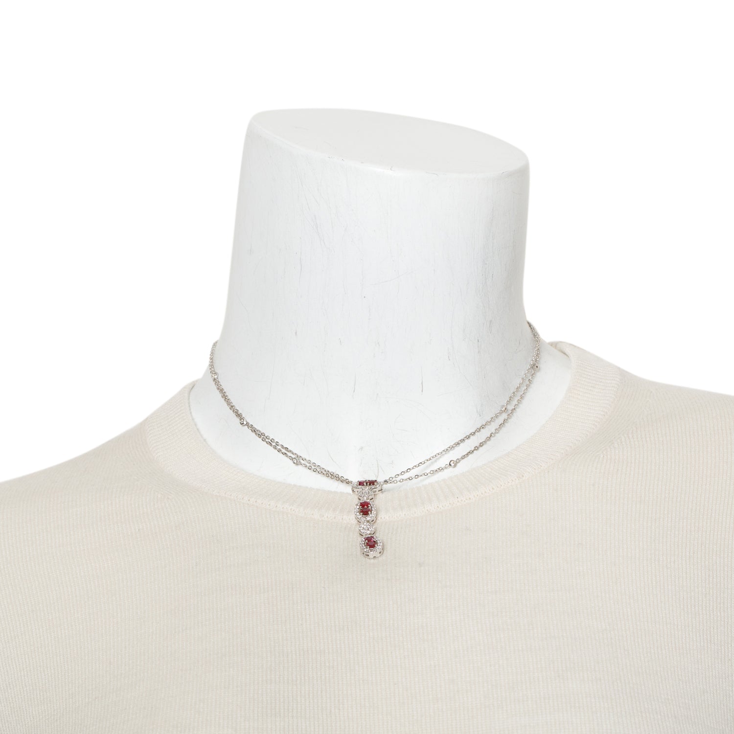 18k White Gold Ruby & Diamond Drop Pendant Necklace