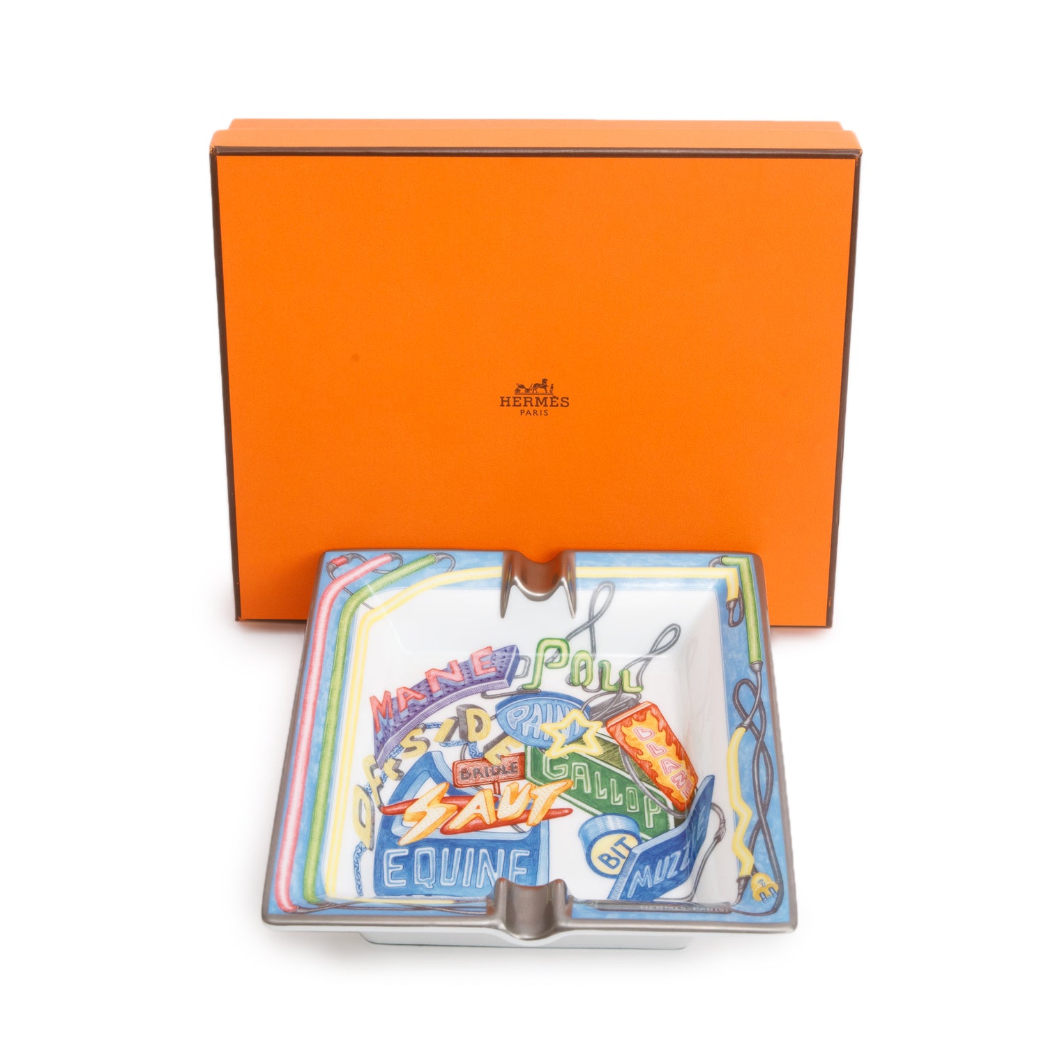 Hermes Lapis Lazuli/Citron 'Chevaloscope Neon' Porcelain Ashtray w/ Box