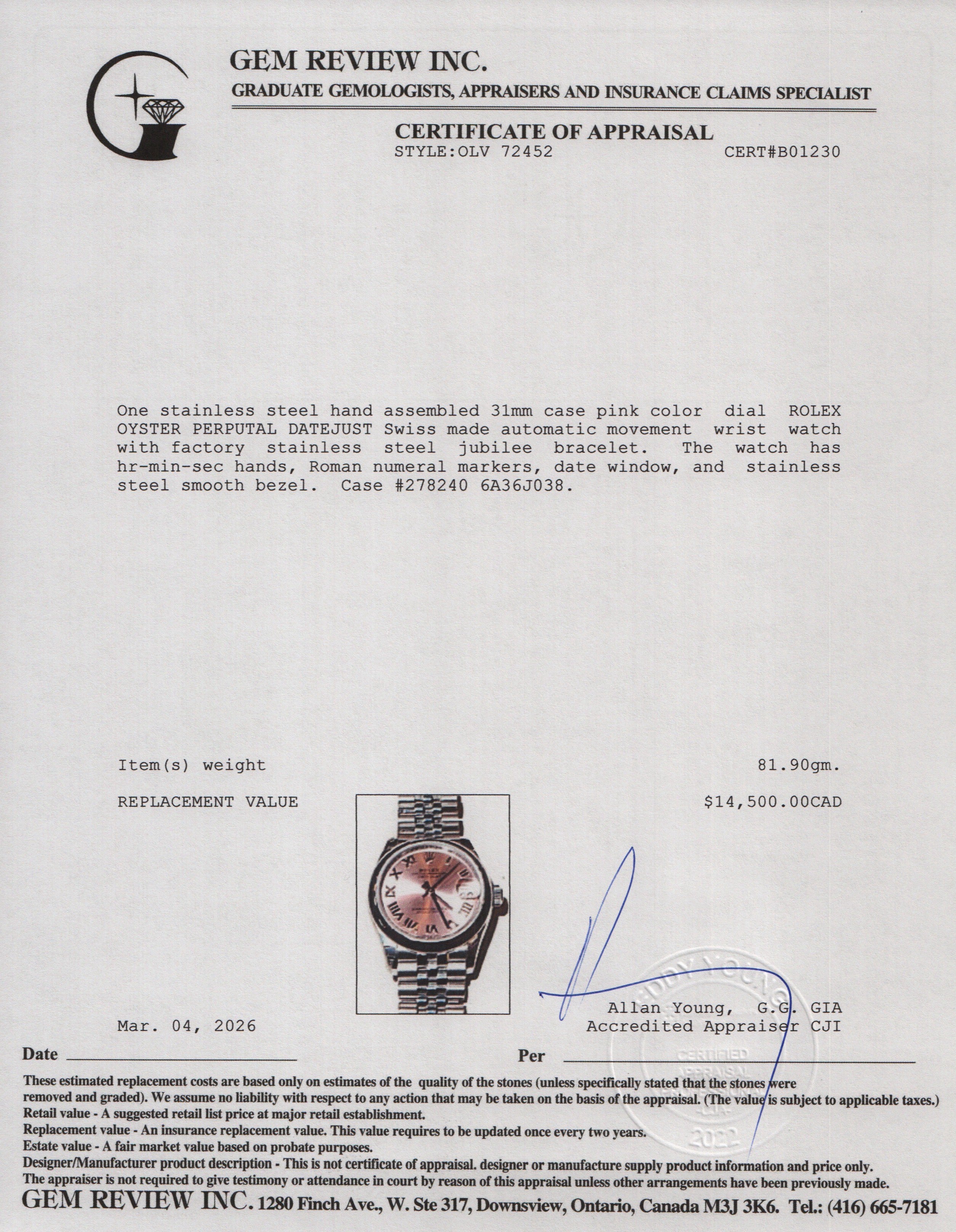 Rolex 2022 Stainless Steel Datejust 31 MM Watch Pink Dial 278240 w/ Box & Papers