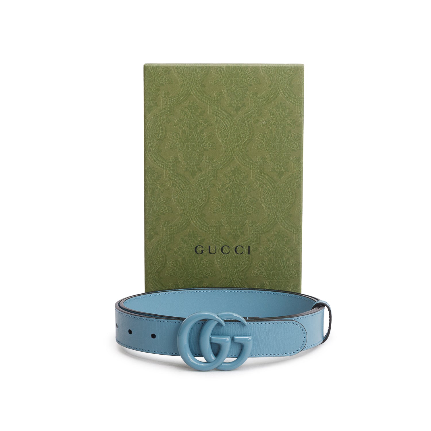Gucci Blue Azalea Calfskin Enamel Monochrome Double G Belt 90 36 w/ Box