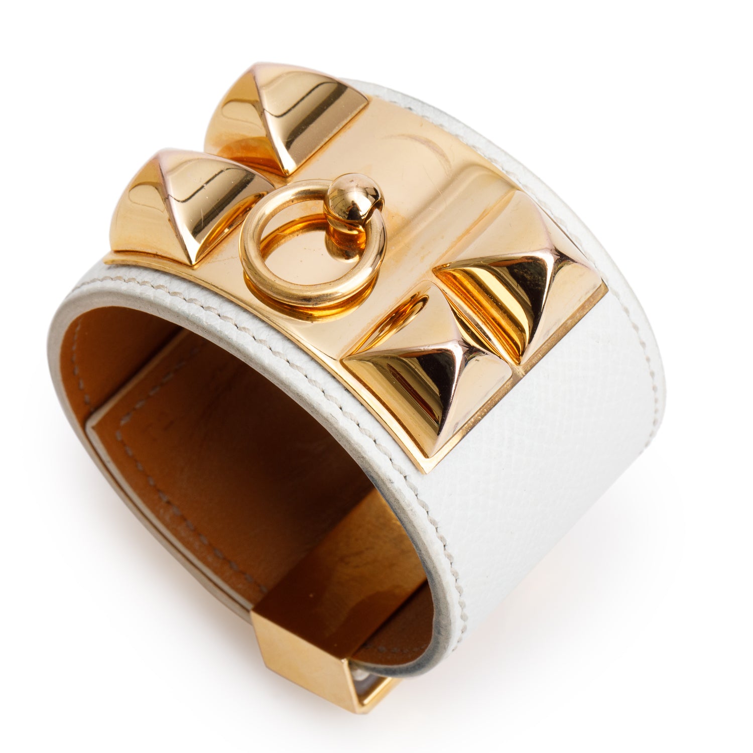 Hermes Gold-Plated White Calfskin Leather Collier de Chien Bracelet
