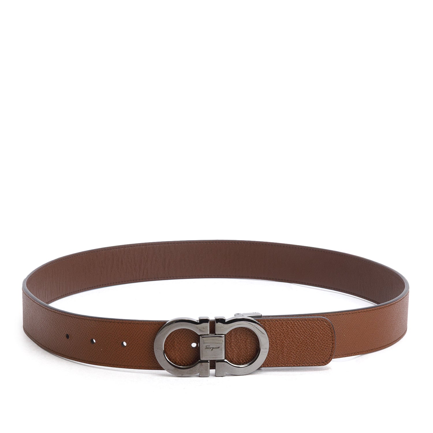 Ferragamo Brown Grained Calfskin Leather Reversible and Adjustable Gancini Belt