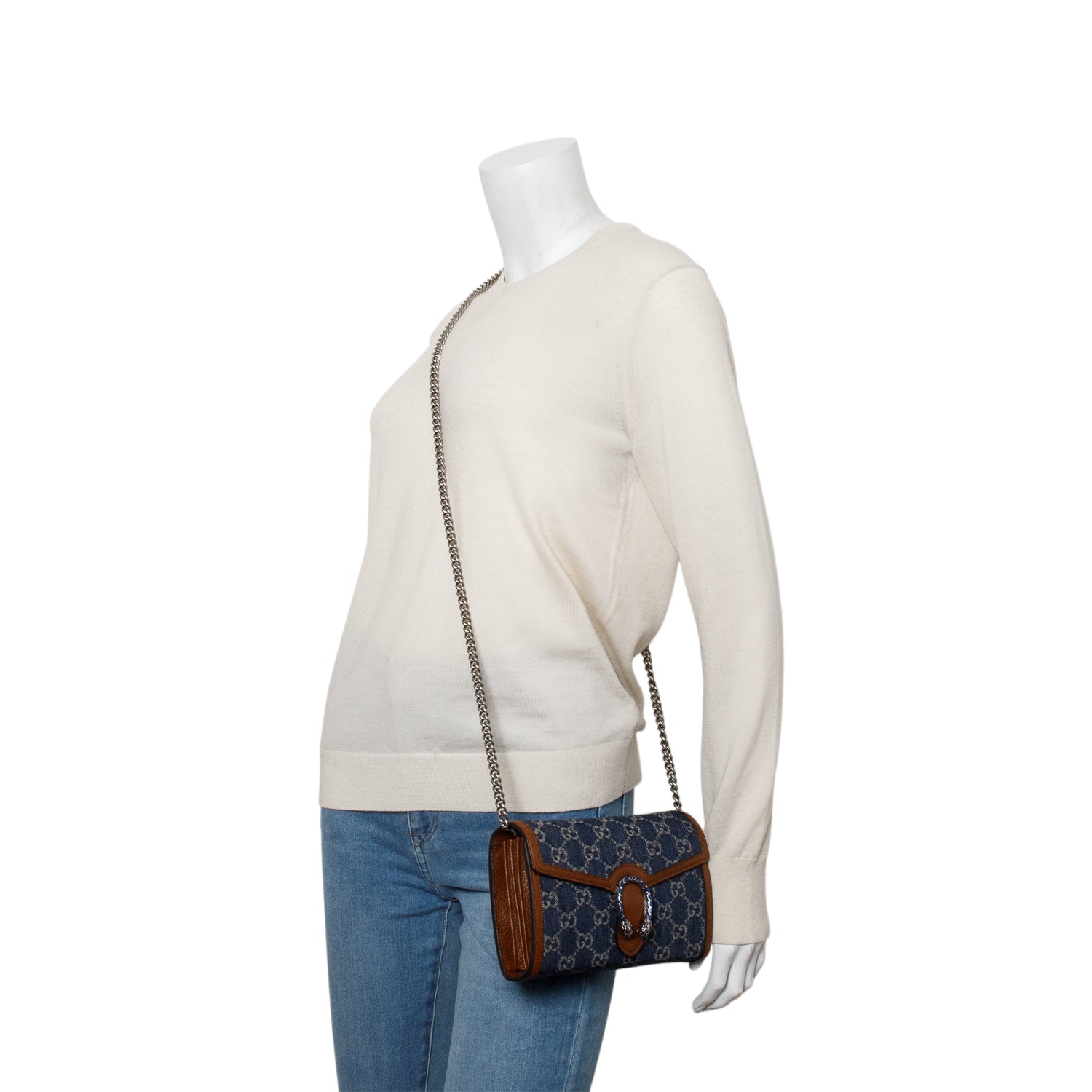 Gucci Blue Denim Jacquard GG Monogram Mini Dionysus Chain Wallet