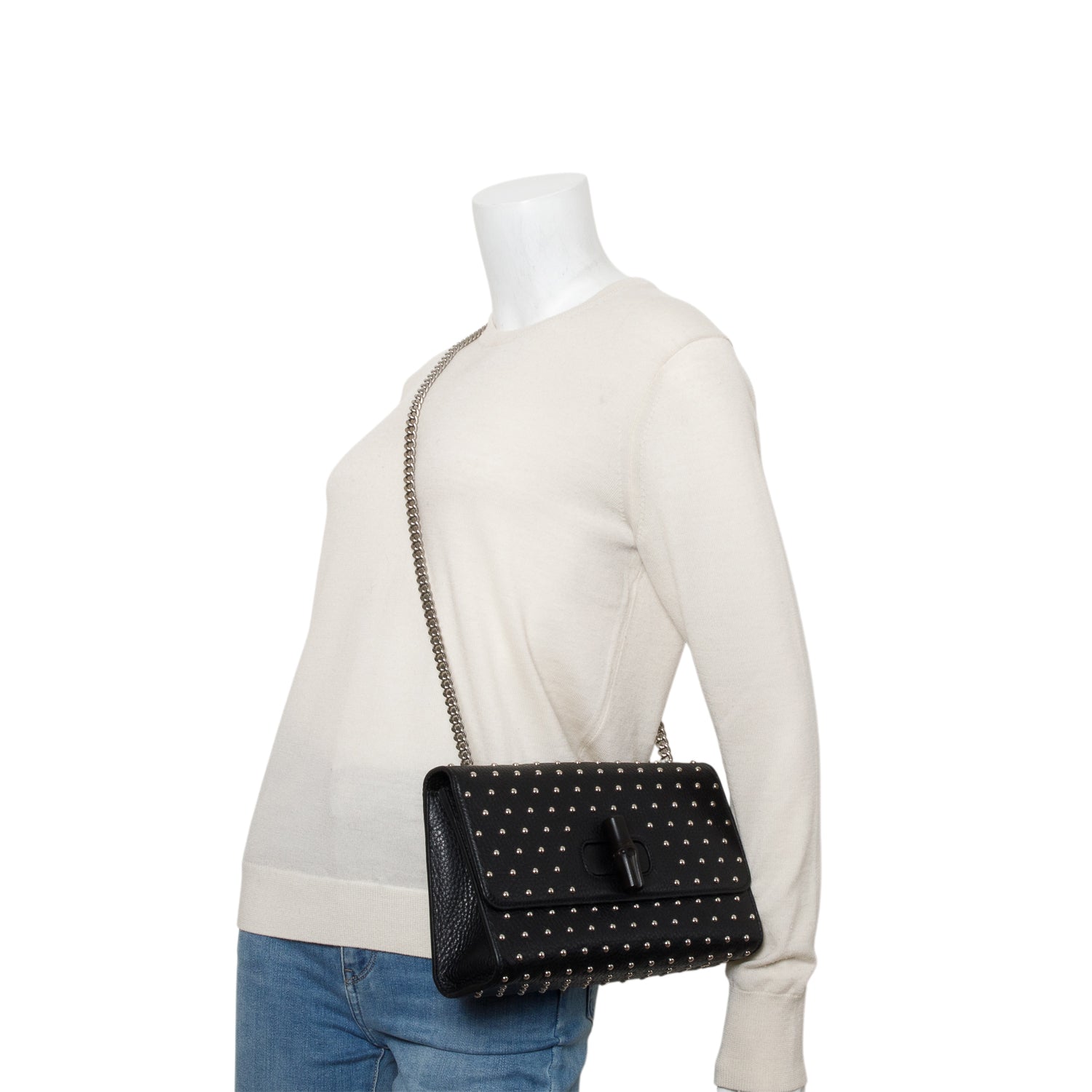 Gucci Black Calfskin Studded Medium Miss Bamboo Shoulder Bag