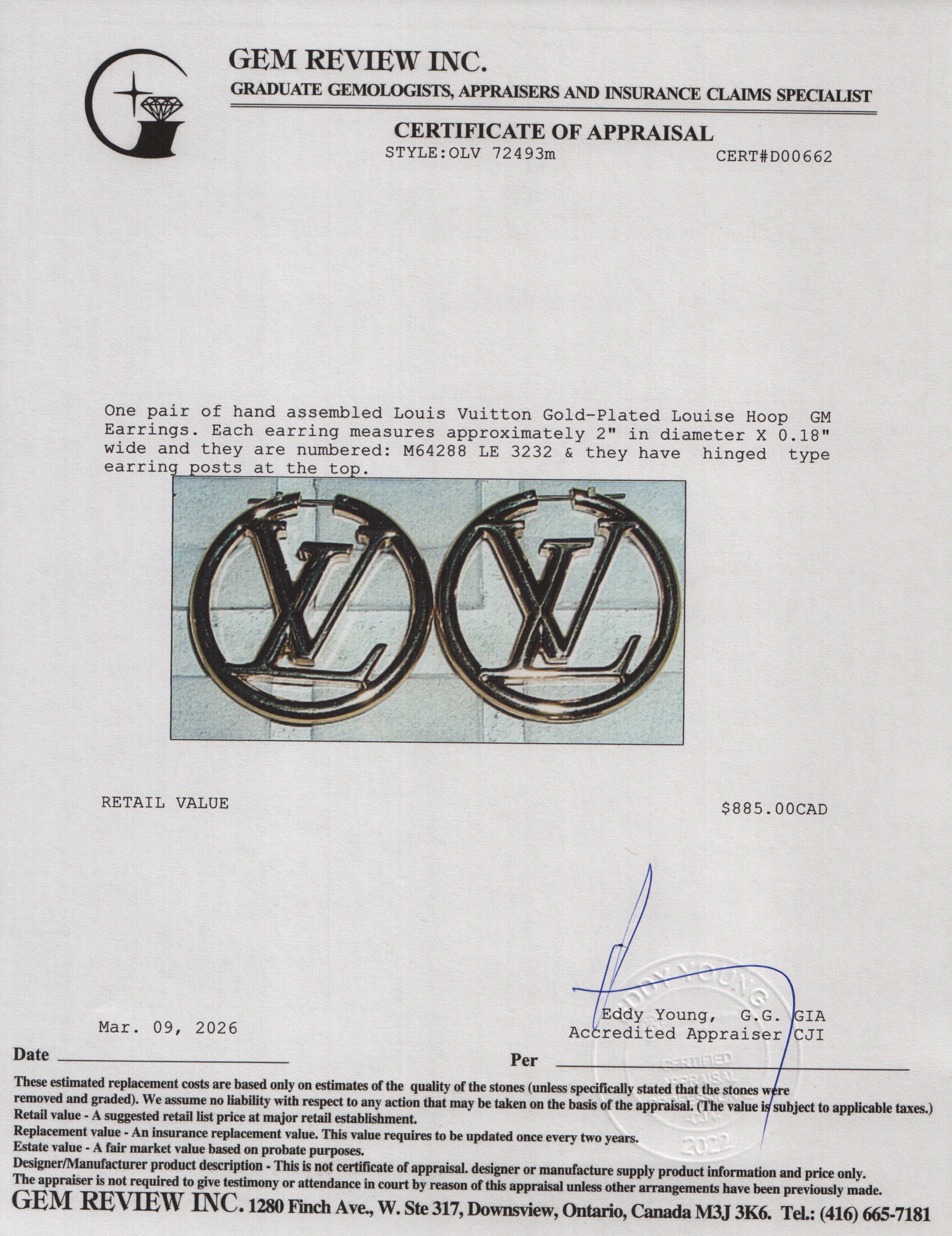 Louis Vuitton 2022 Gold-Plated Louise Hoop GM Earrings w/ Box