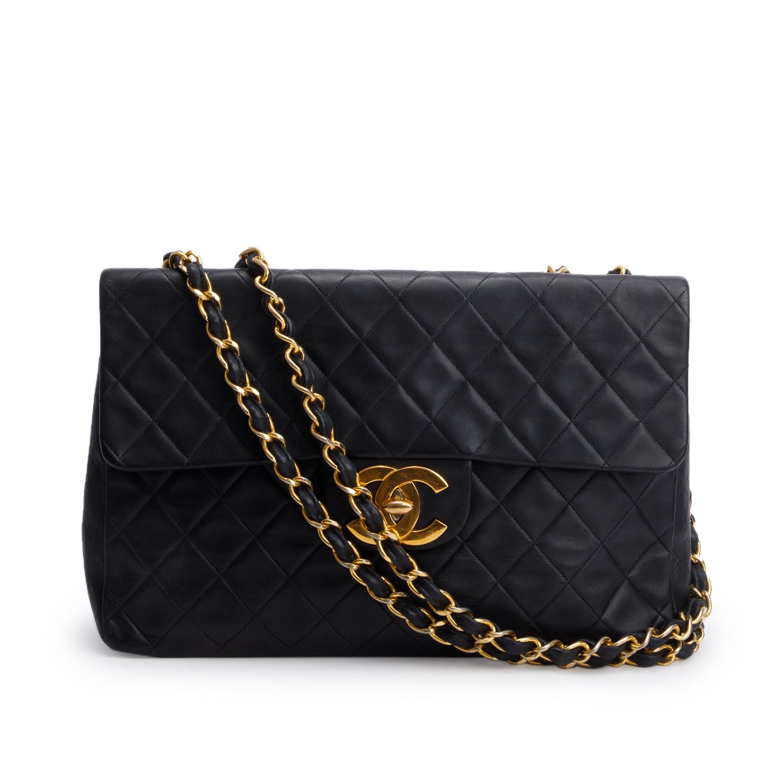 Chanel Vintage Black Lambskin Quilted XL Jumbo Single Flap Bag