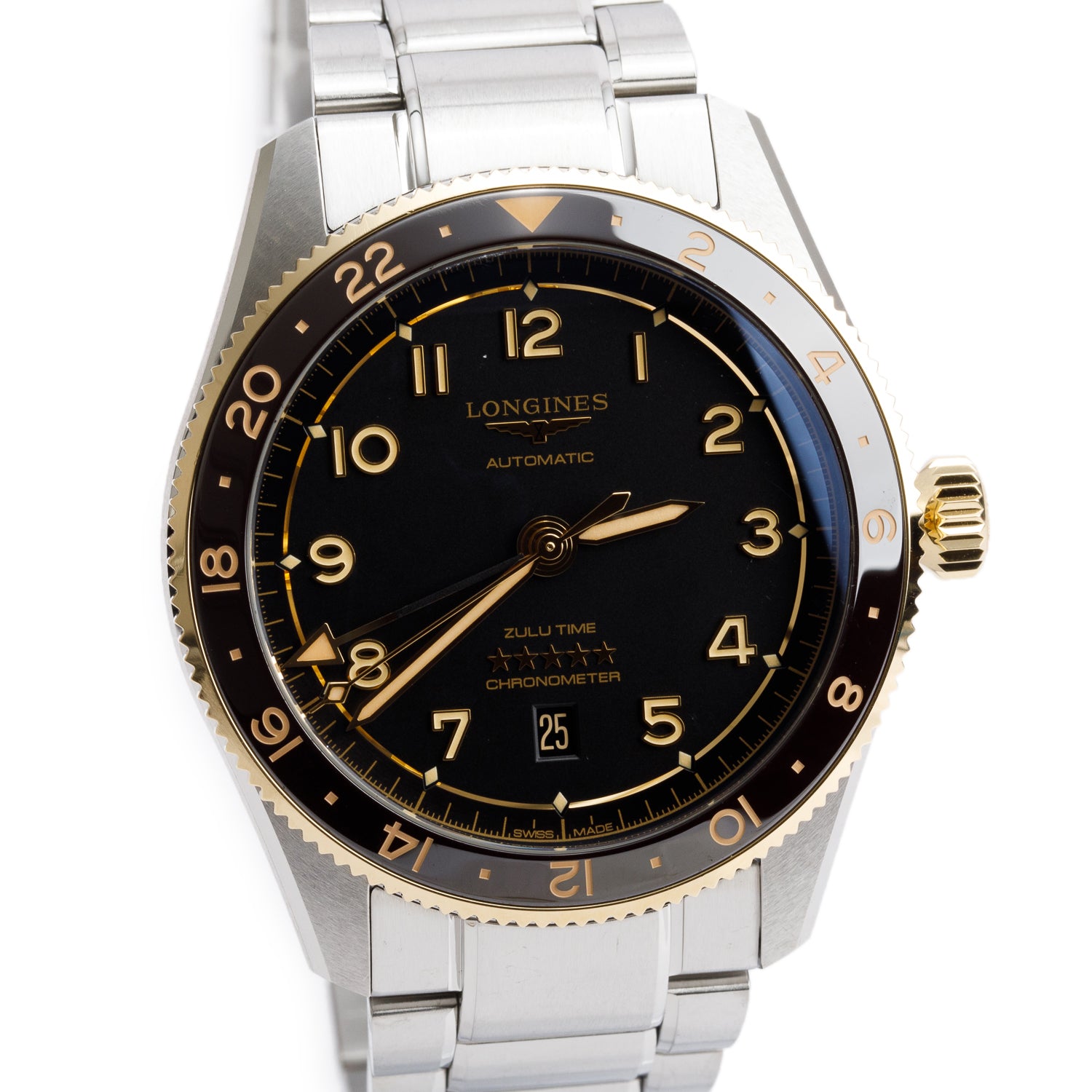 Longines Stainless Steel & 18k Yellow Gold Spirit Zulu 42 MM Automatic Watch Brown Dial w/ Box & Papers