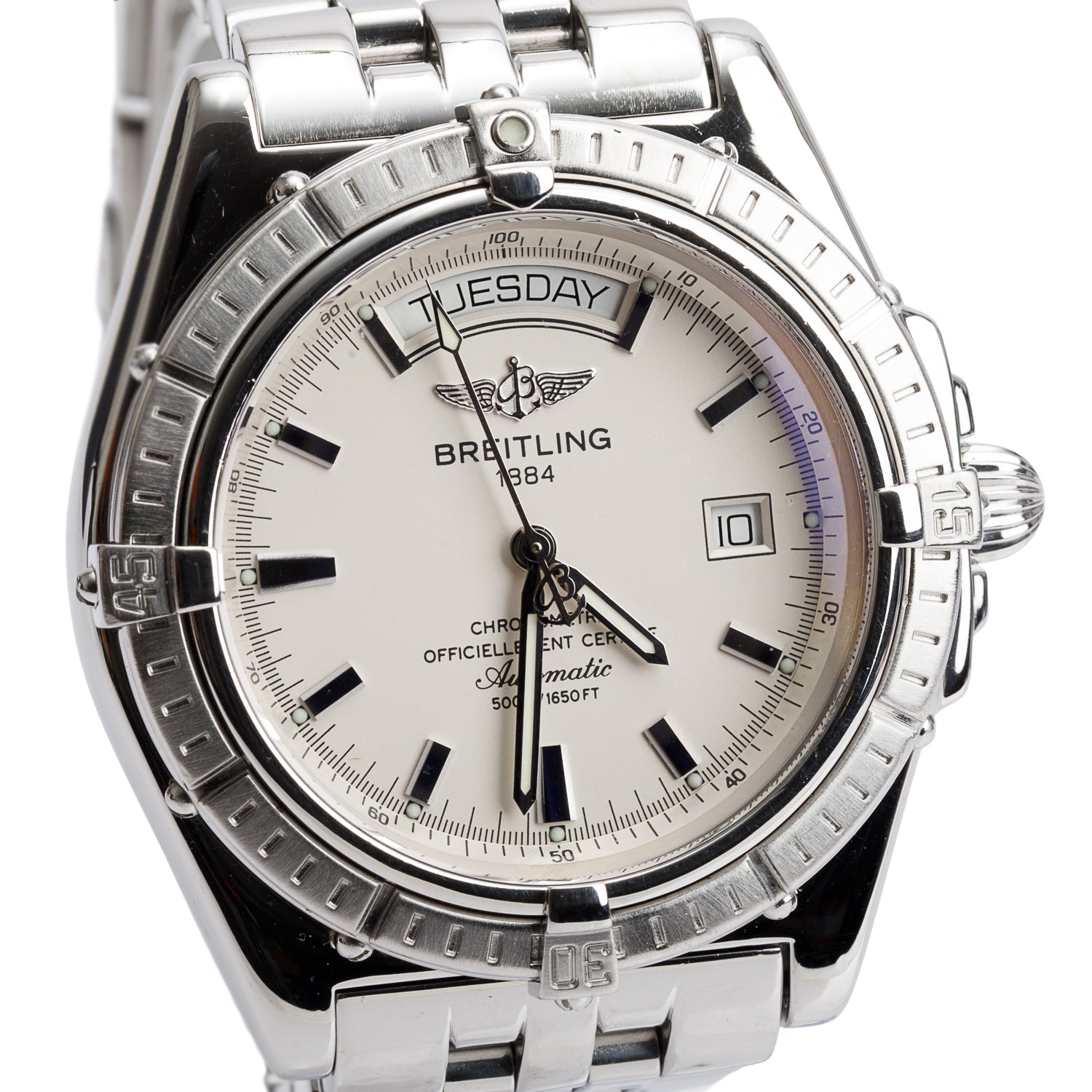 Breitling Stainless Steel Headwind Day-Date 42 MM Automatic Watch Silver Dial A45355