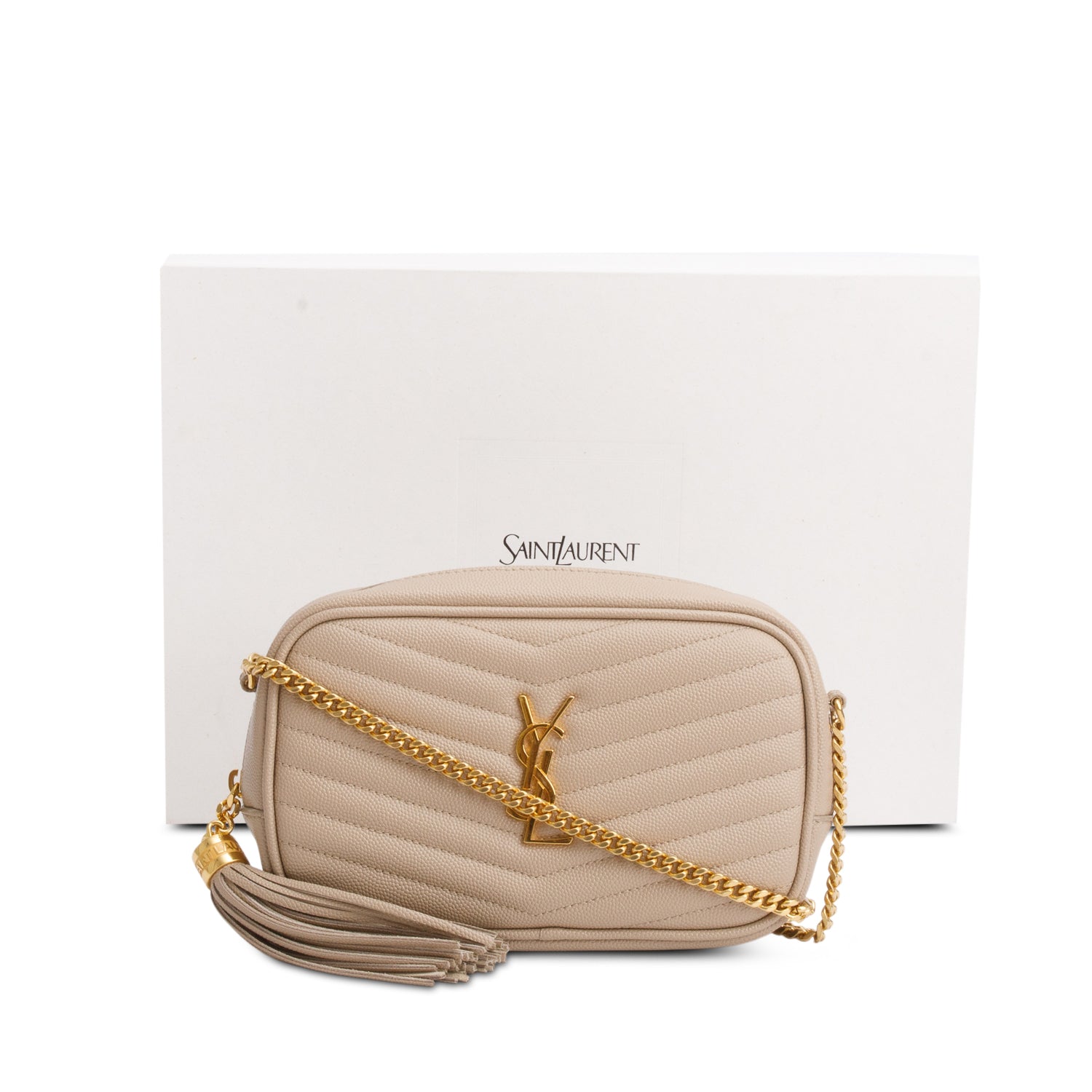 Saint Laurent 2022 Beige Grain de Poudre Matelasse Mini Lou Camera Bag w/ Box