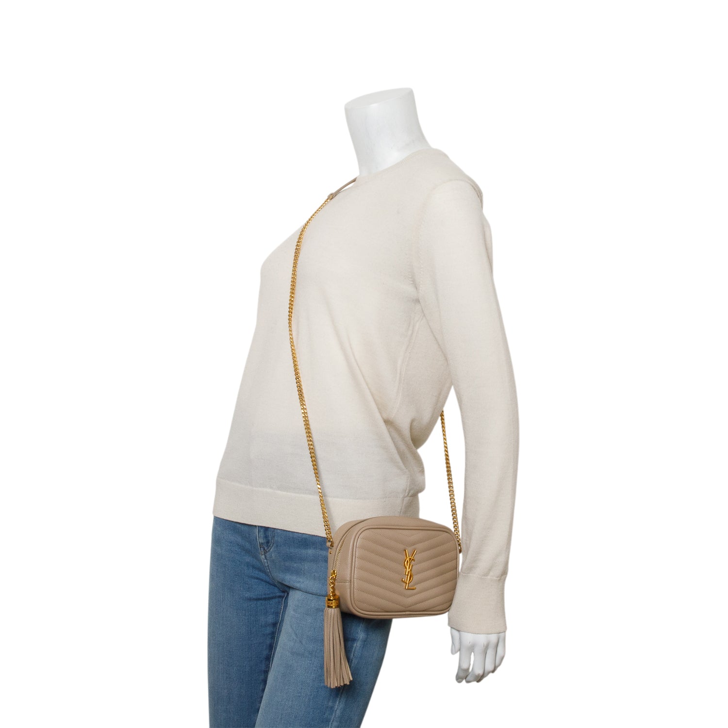 Saint Laurent 2022 Beige Grain de Poudre Matelasse Mini Lou Camera Bag w/ Box