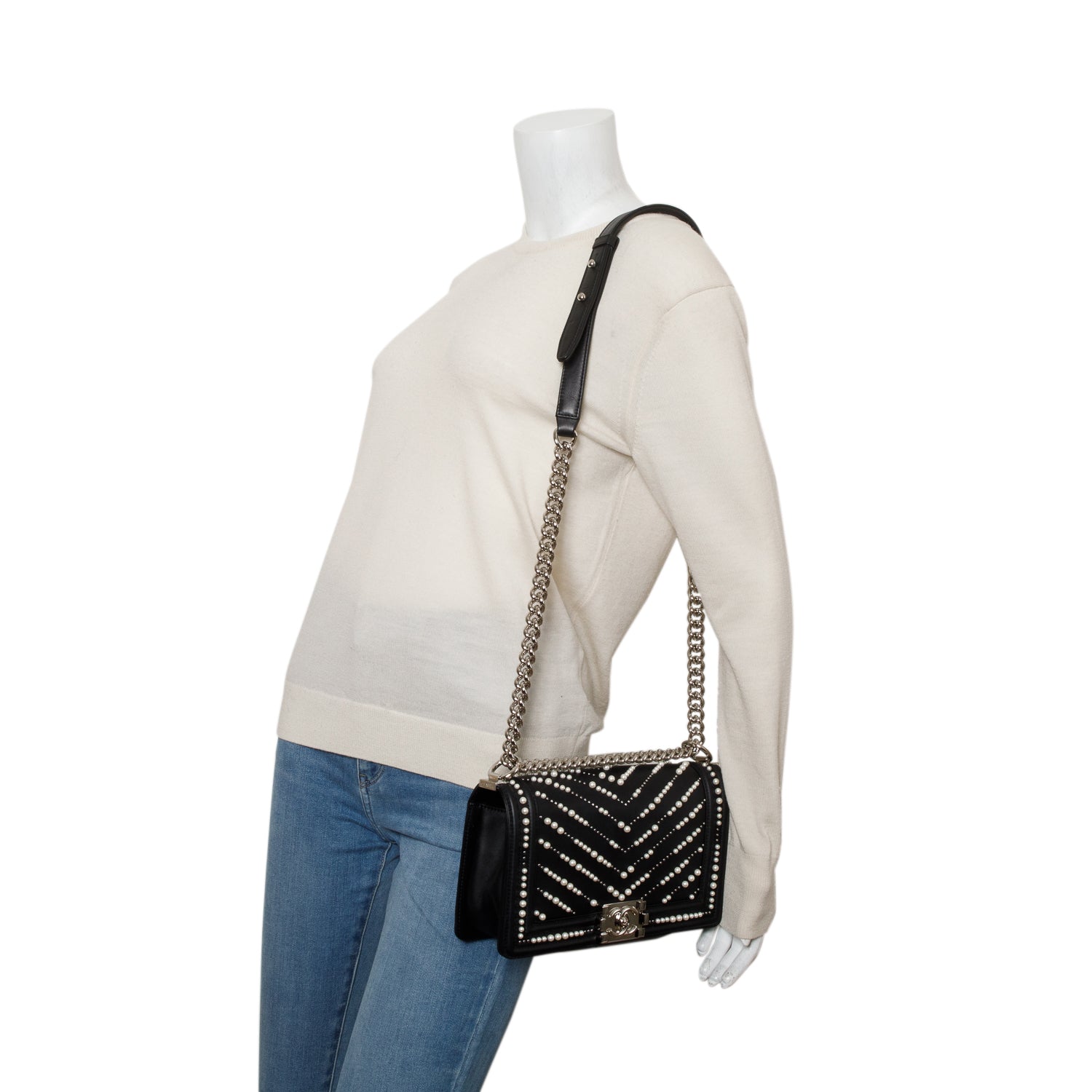 Chanel Black Calfskin Leather Medium Chevron Pearl Boy Bag w/ Box & Authenticity Card
