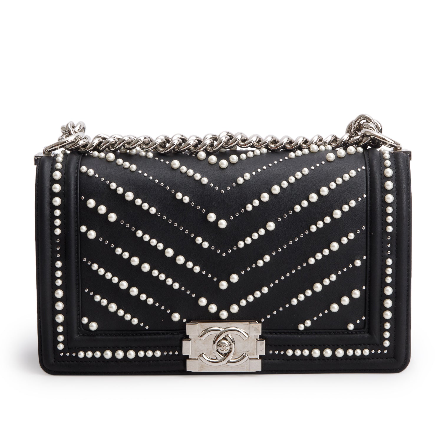 Chanel Black Calfskin Leather Medium Chevron Pearl Boy Bag w/ Box & Authenticity Card