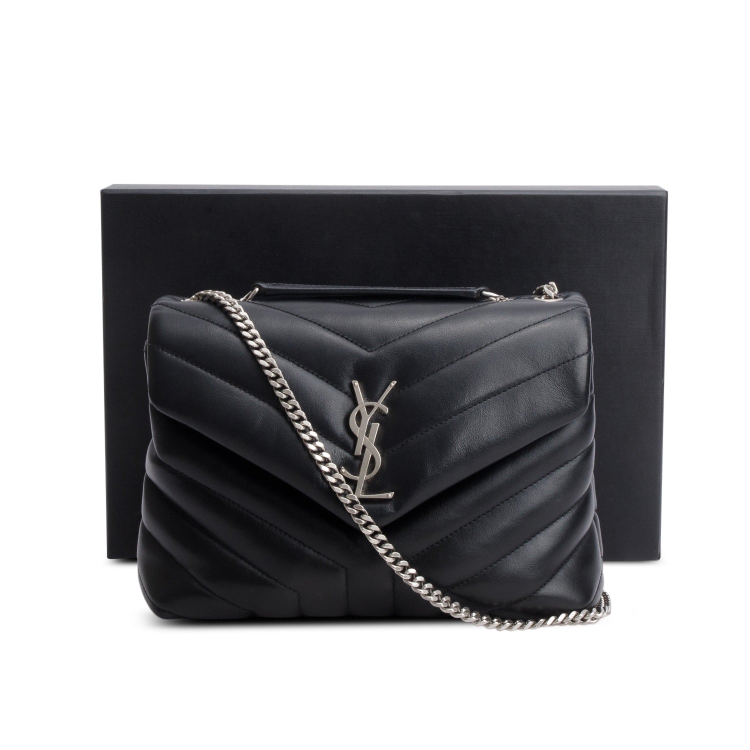 Saint Laurent 2022 Black Calfskin Y Quilted Monogram Small Loulou Chain Satchel w/ Box