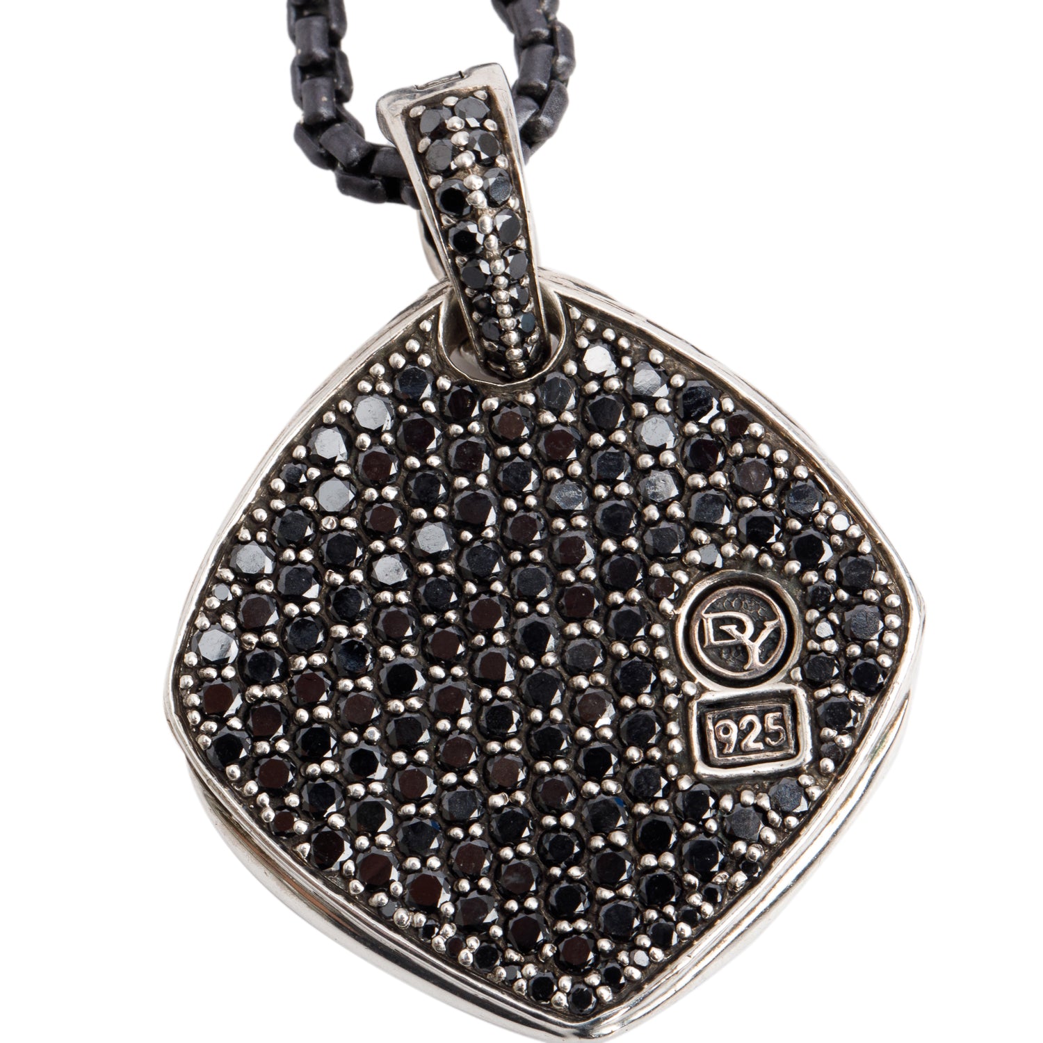 David Yurman Sterling Silver Black Diamond Tag Pendant Necklace