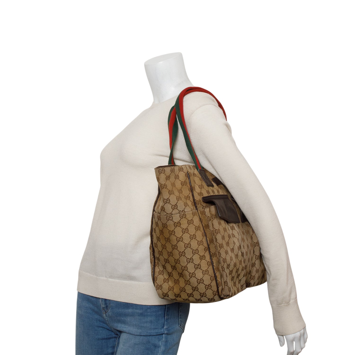 Gucci GG Monogram Medium Web Handle Double Pocket Tote