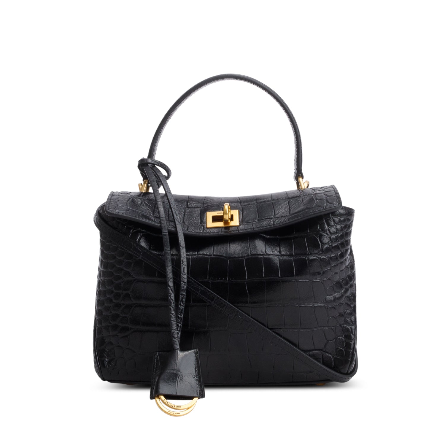 Balenciaga Black Shiny Calfskin Croc Embossed Mini Rodeo Top Handle Bag w/ Strap