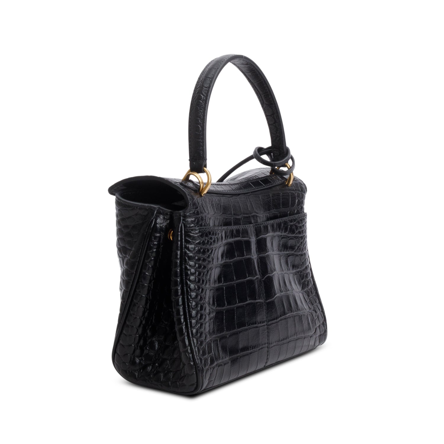Balenciaga Black Shiny Calfskin Croc Embossed Mini Rodeo Top Handle Bag w/ Strap