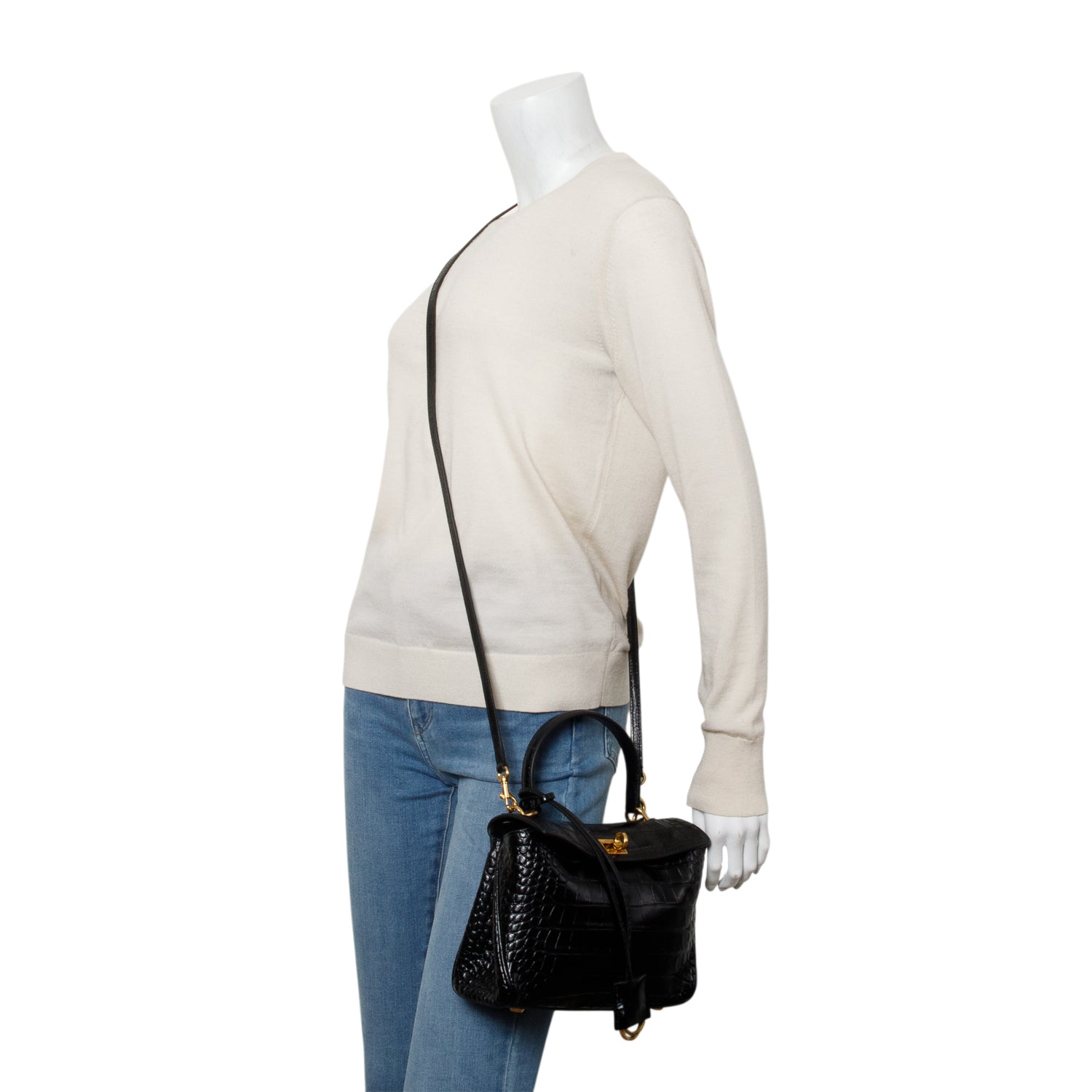 Balenciaga Black Shiny Calfskin Croc Embossed Mini Rodeo Top Handle Bag w/ Strap