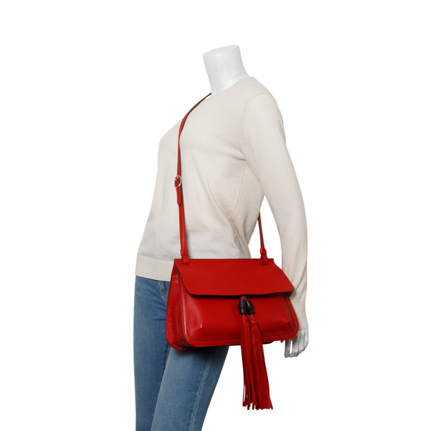 Gucci Red Cellarius Calfskin Medium Bamboo Daily Flap Shoulder Bag