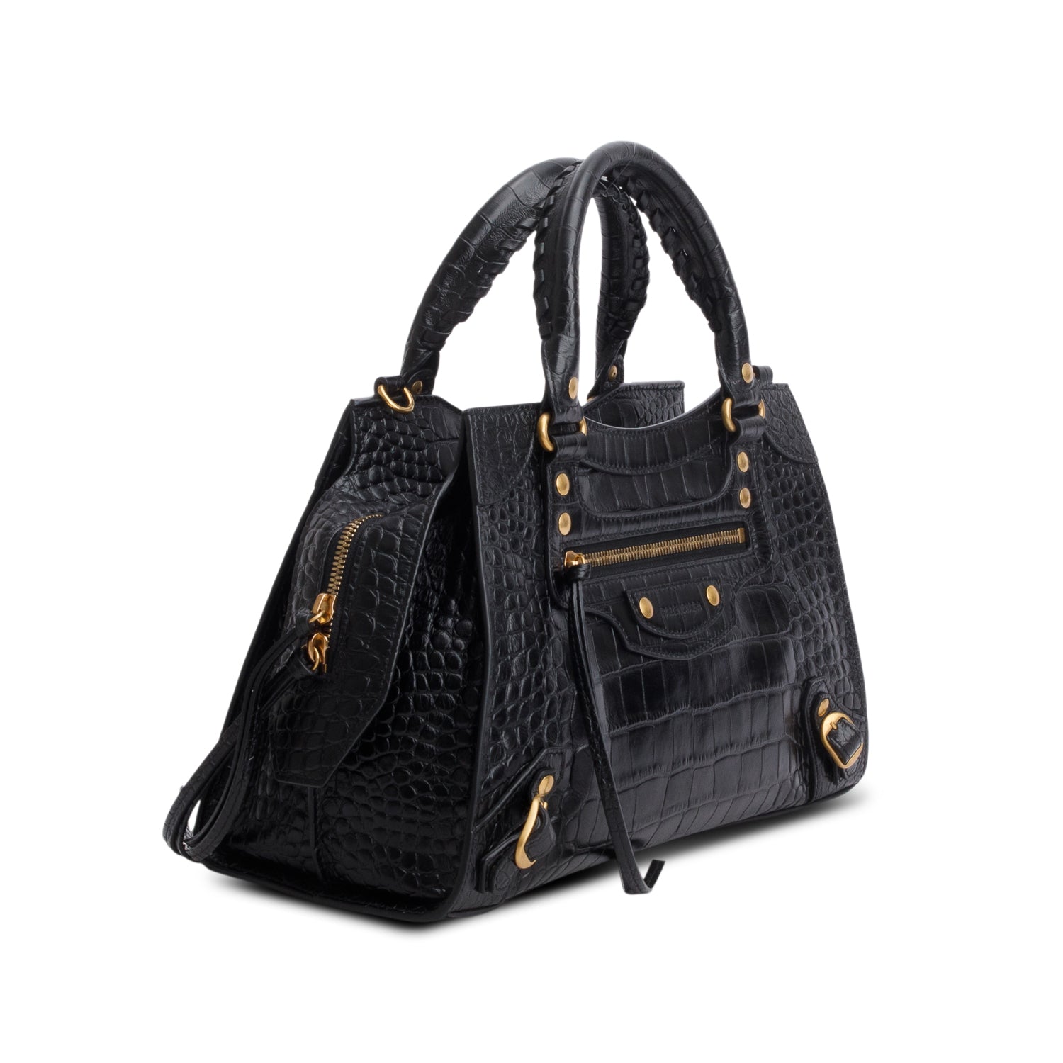 Balenciaga Black Shiny Calfskin Croc Embossed Neo Classic S City w/ Strap