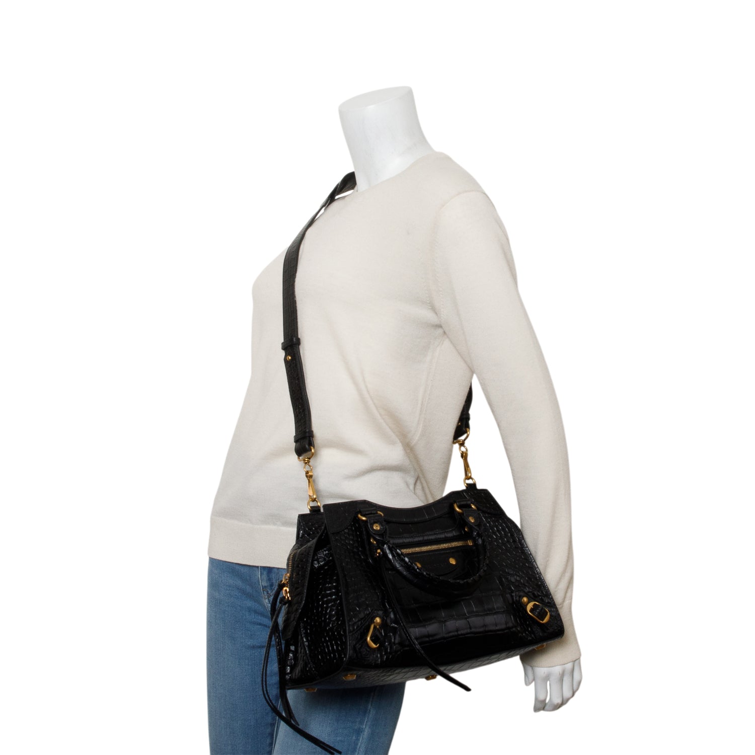 Balenciaga Black Shiny Calfskin Croc Embossed Neo Classic S City w/ Strap