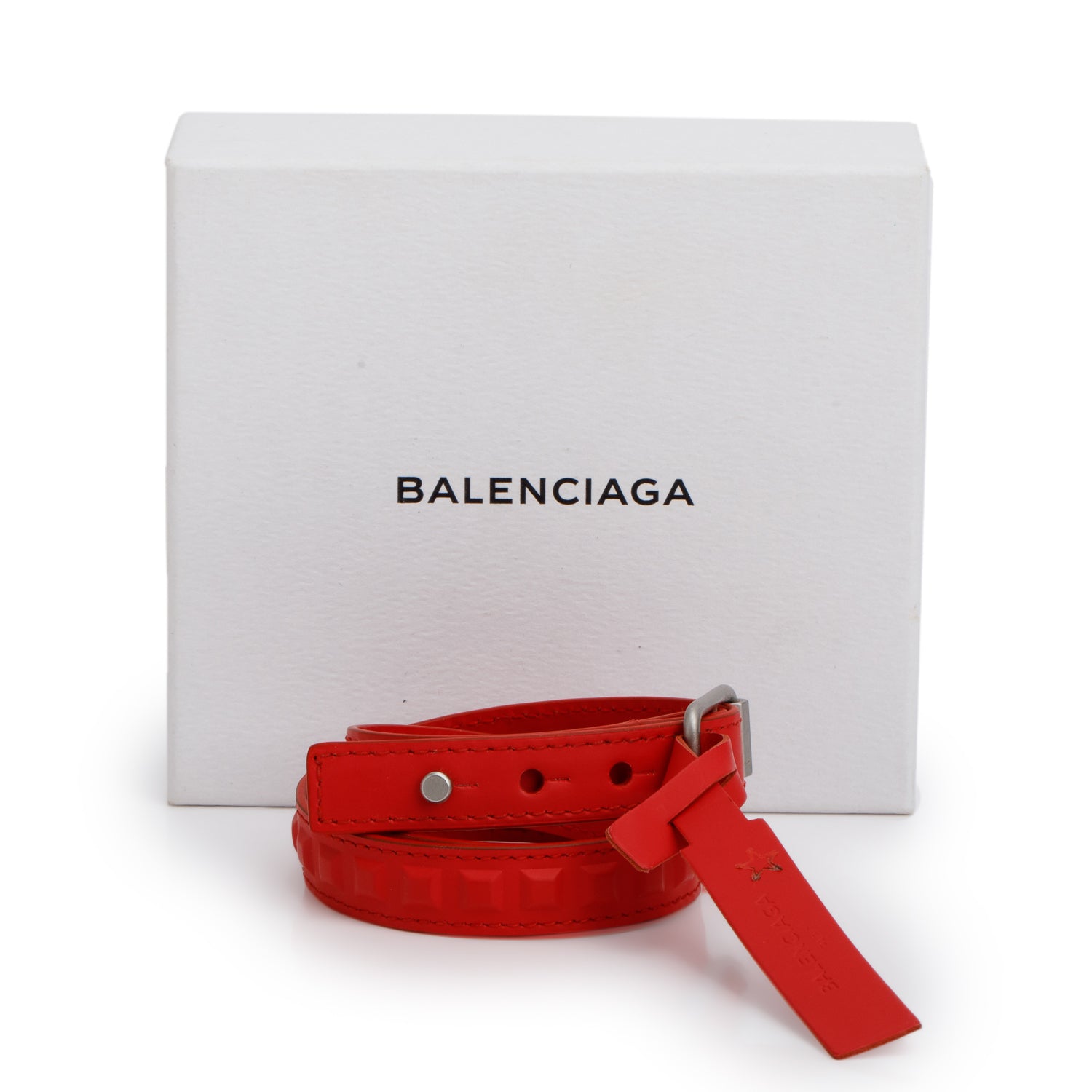 Balenciaga Silver Hardware Red Leather Grid Triple Wrap Bracelet w/ Box